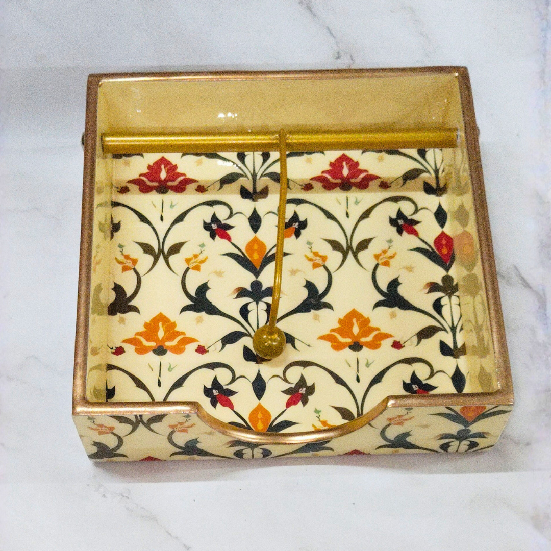Floral Patterned Resin Napkin Holder with Weighted Arm