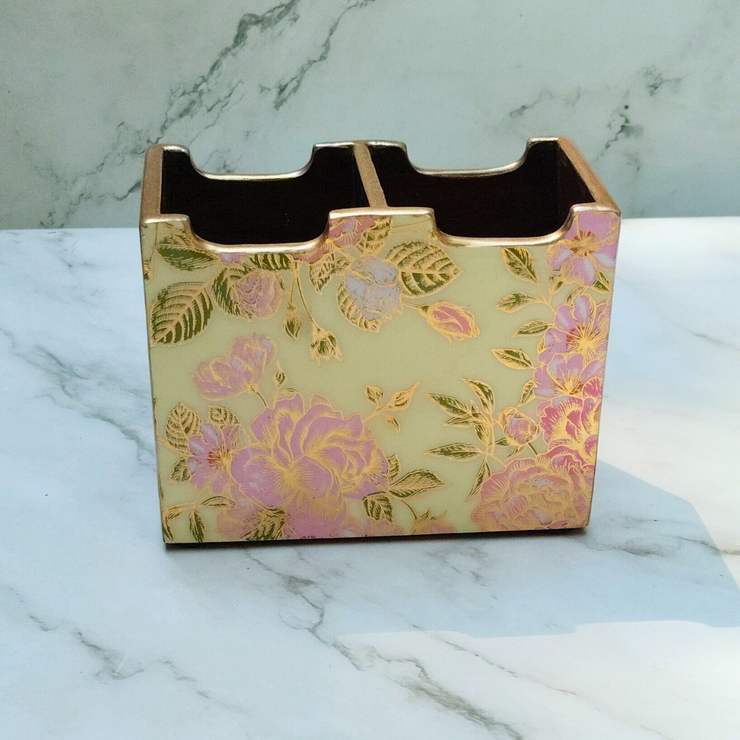 Elegant Floral Wooden Cutlery Holder | Multi-Compartment Kitchen Organizer