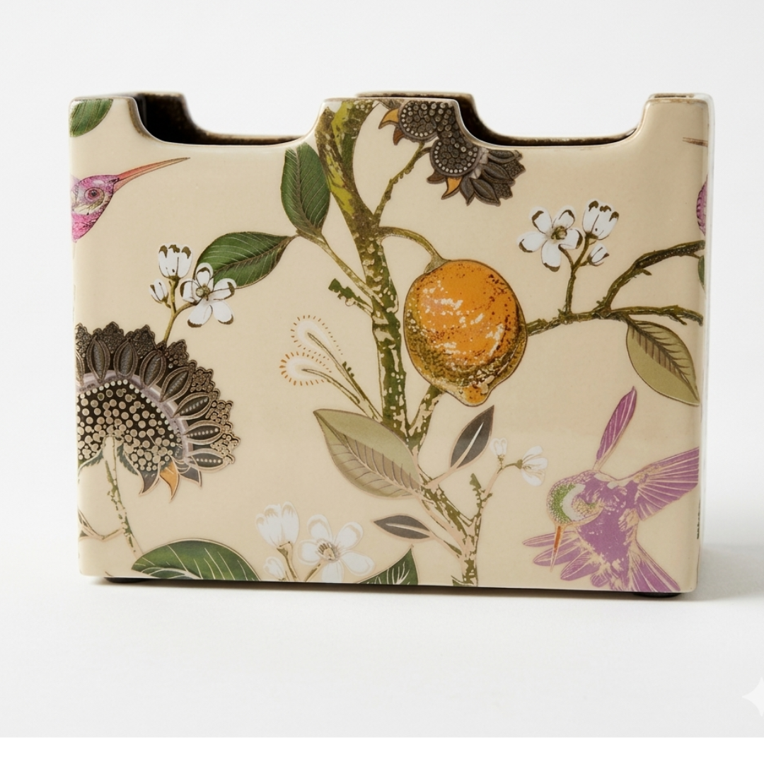 Vintage Botanical Wooden Cutlery Holder with Bird & Citrus Print | Multi-Section Organizer
