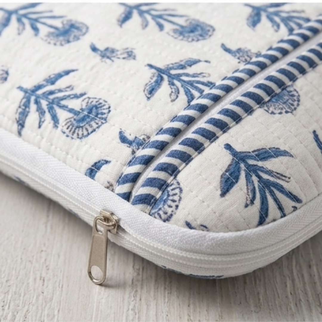 Quilted Cotton Zipper Laptop bag  – Blue Floral Print Multipurpose Organizer Case
