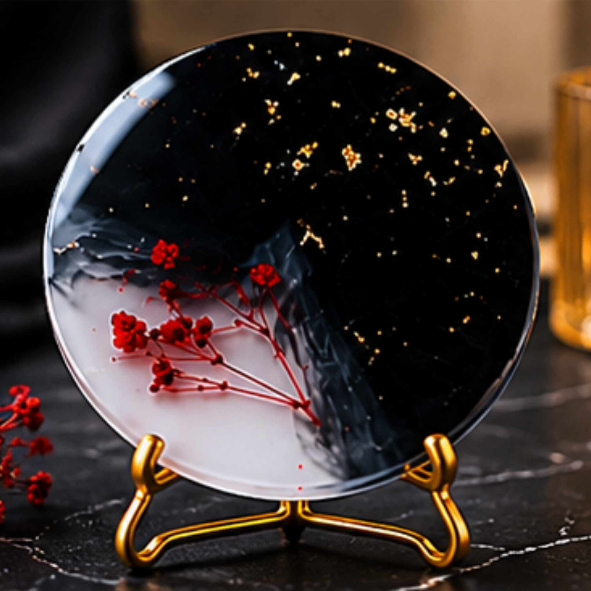 Handmade Resin Coaster Set of 4 | Black & White Abstract Coasters with Red Floral Design & Gold Foil Accents