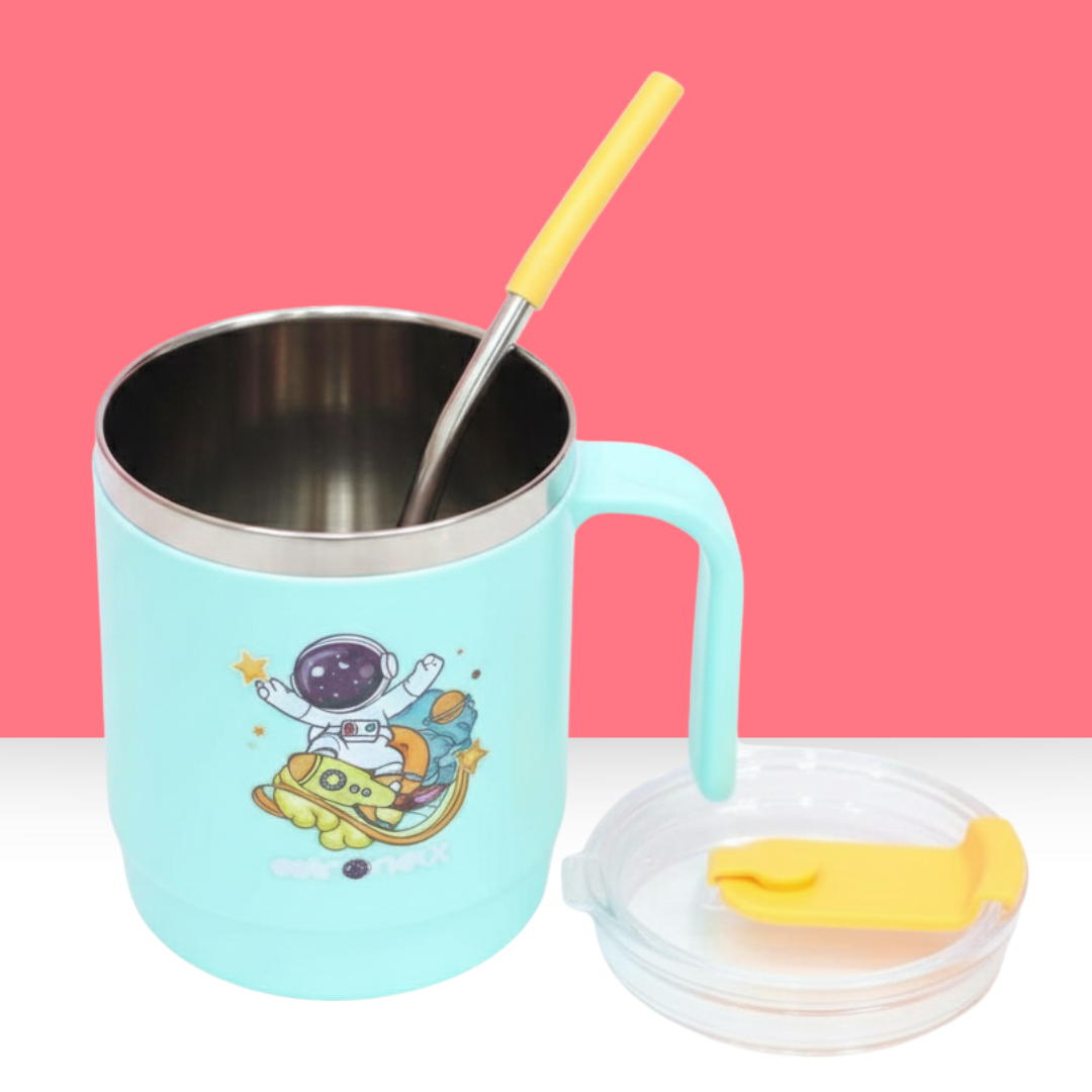 Kids Stainless Steel Insulated Mug with Straw Lid & Handle | Cute Astronaut Design | Spill-Resistant Travel Cup
