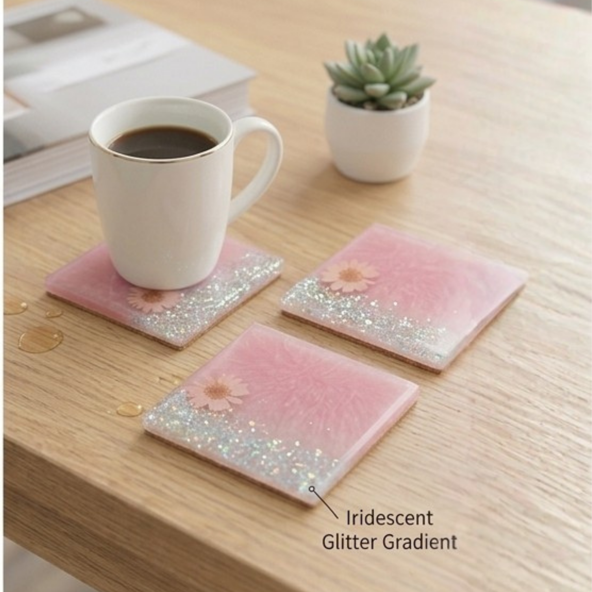 Handmade Pink Resin Botanical Coasters with Iridescent Glitter Gradient & Preserved Daisy Flowers – Set of 4 Luxury Drink Coasters