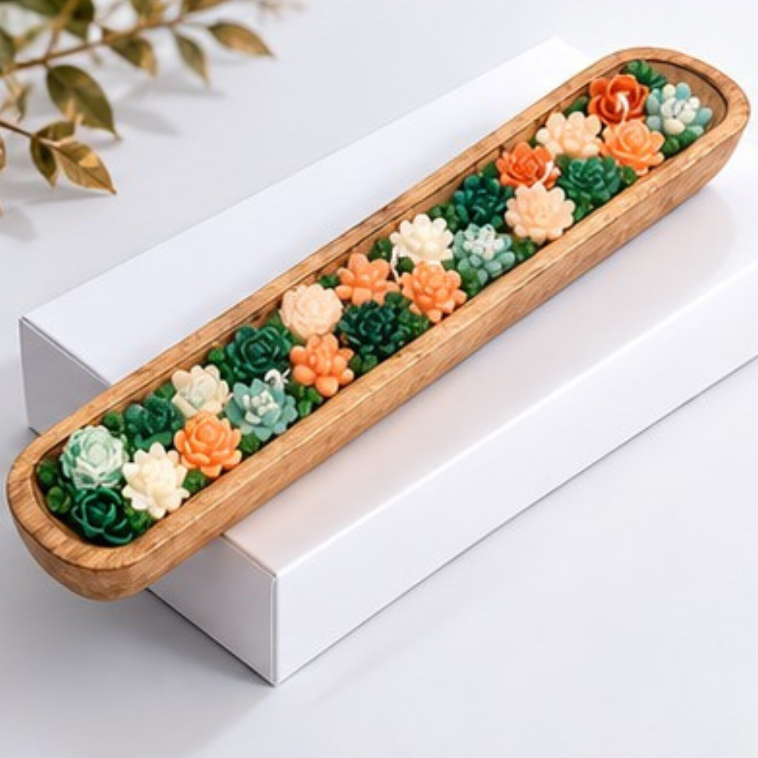 Handcrafted Boat Candle with Floral Wax Design | Long Wooden Tray Decorative Candle | Luxury Home Décor