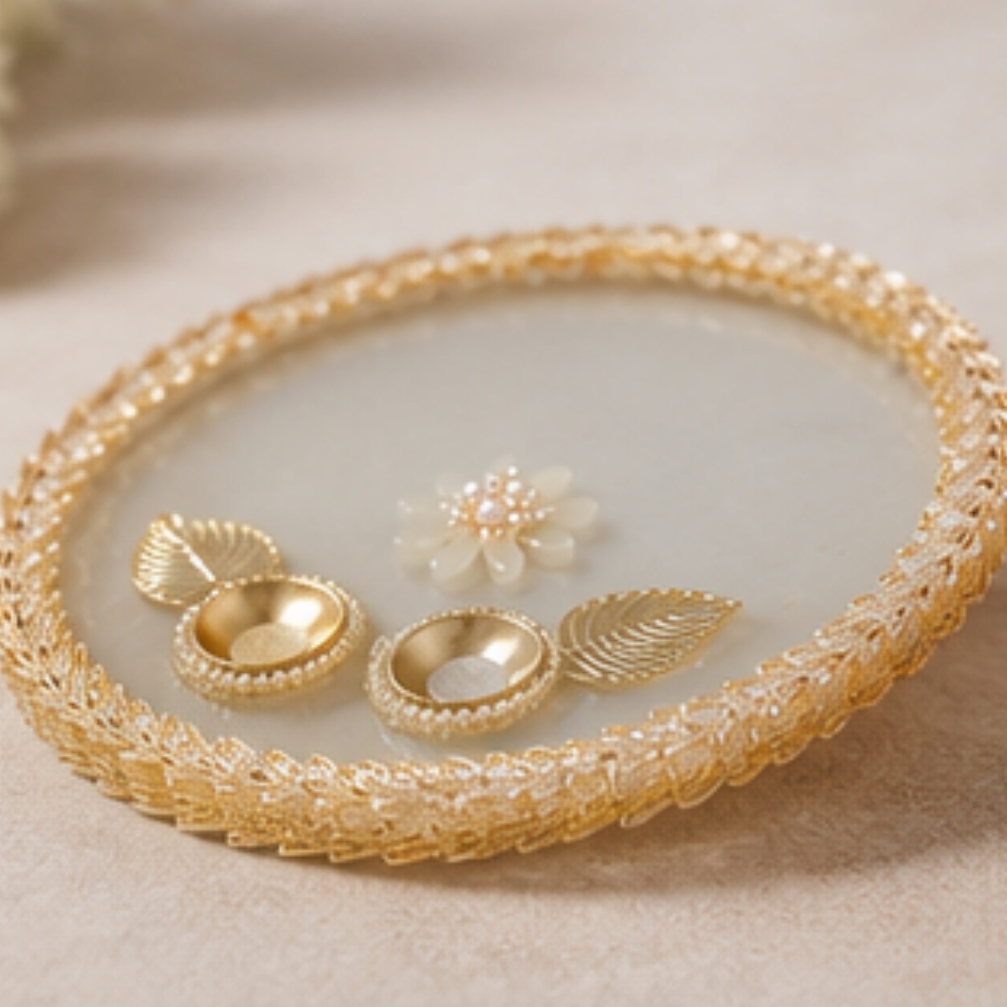 Luxury Handmade Decorative Pooja Thali with Dual Diya Holders – Elegant Gold & Pearl Finish