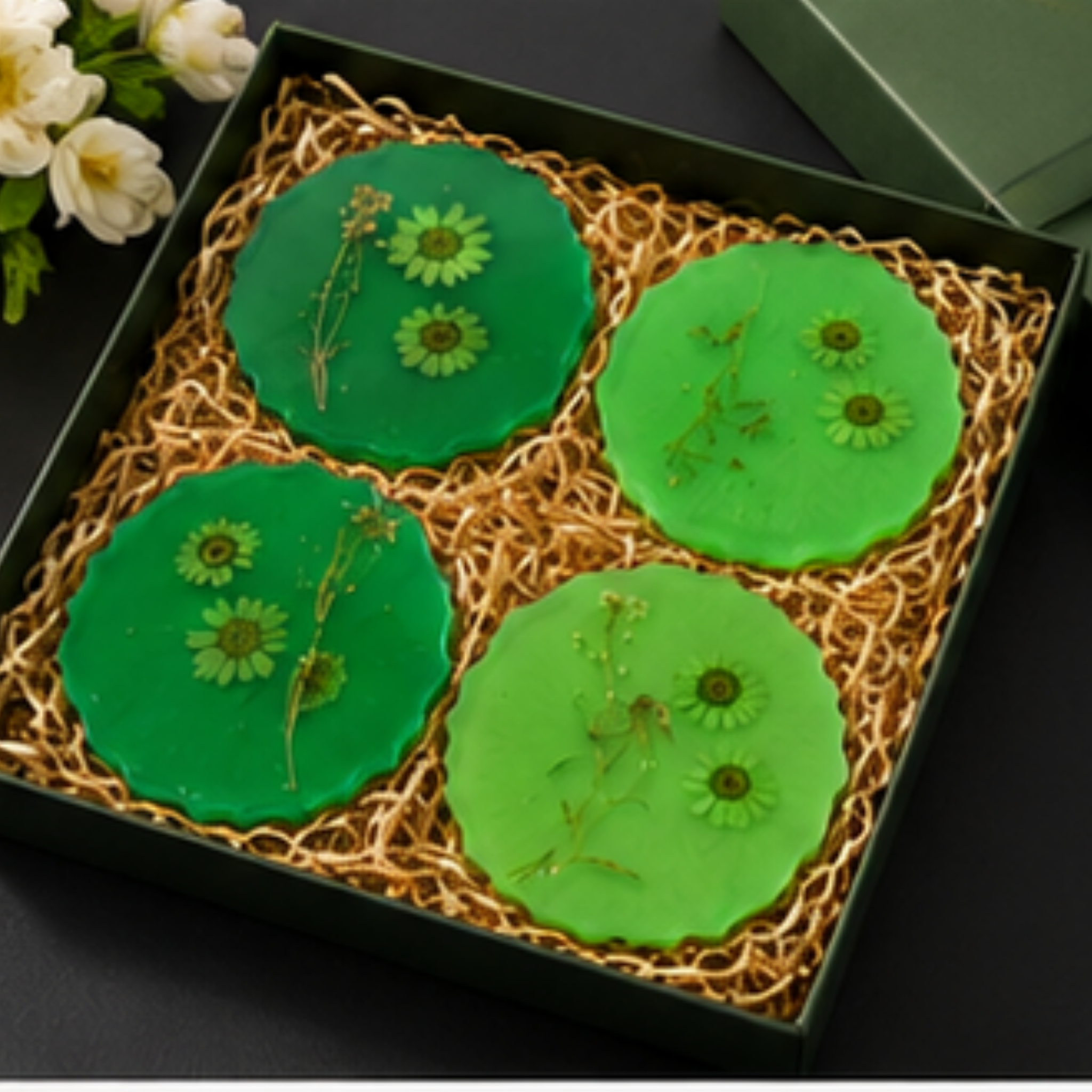 Handmade Pressed Flower Resin Coaster Set of 4 | Green Botanical Coasters | Floral Drink Coasters | Nature-Inspired Home Décor Gift