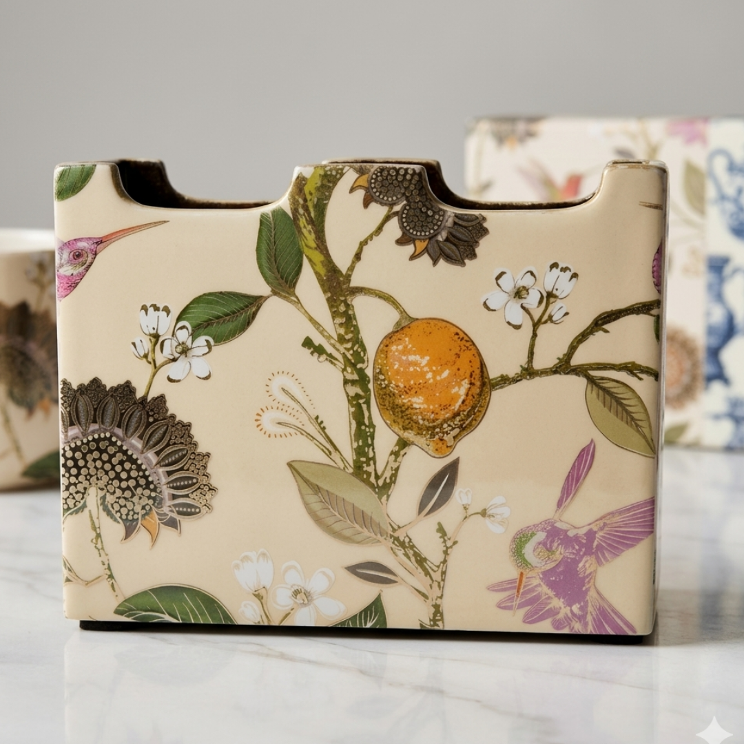 Vintage Botanical Wooden Cutlery Holder with Bird & Citrus Print | Multi-Section Organizer