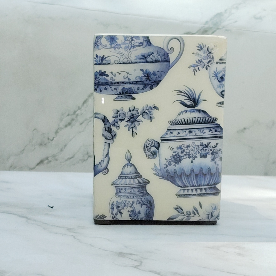 Classic Blue Pottery Print Wooden Cutlery Holder | Multi-Compartment Kitchen Organizer