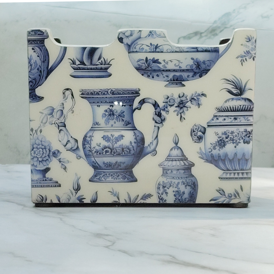 Classic Blue Pottery Print Wooden Cutlery Holder | Multi-Compartment Kitchen Organizer