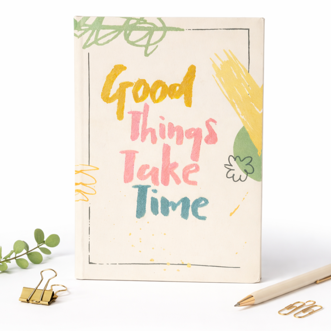 Premium Inspirational Notebooks – Hand-Embroidered & Artistic Quote Journals – "Good Things Take Time" & "Improve Your Tomorrows" – A5 Fabric & Hardcover Stationery Gift A4 SIZE