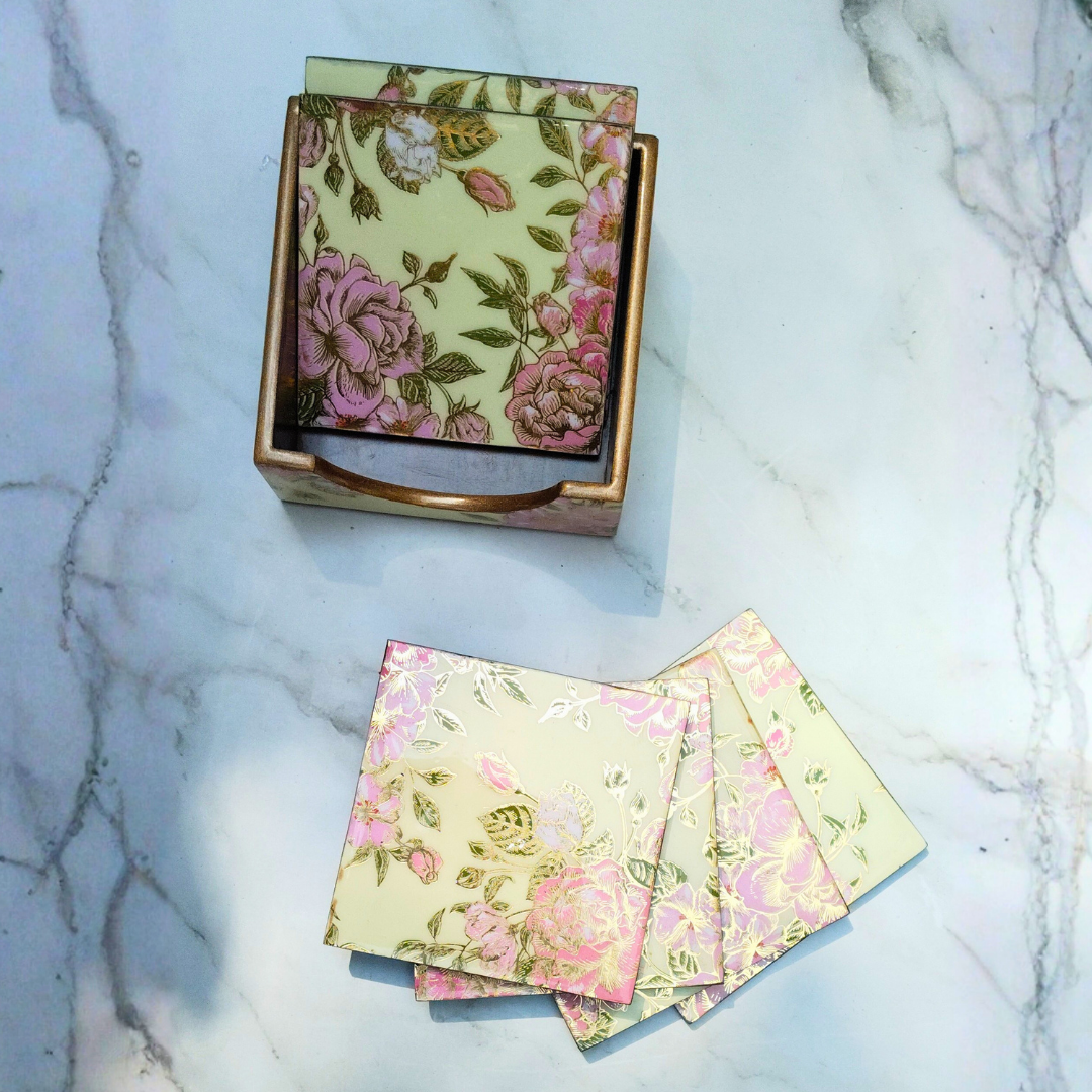 Vintage Floral & Gold-Accent Coaster Set