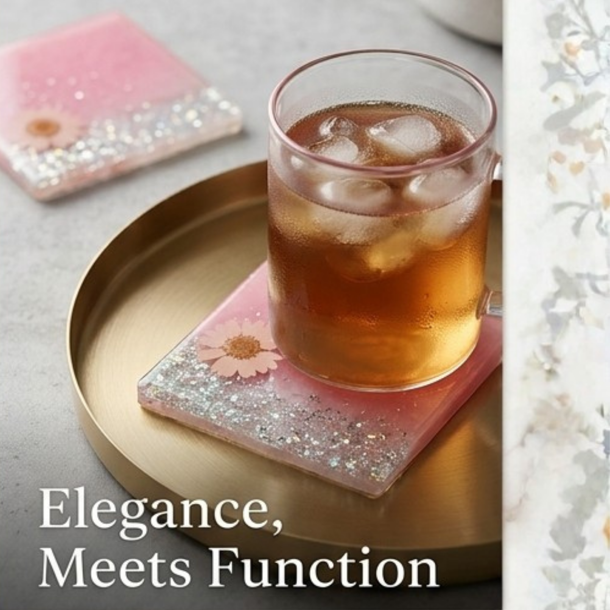 Handmade Pink Resin Botanical Coasters with Iridescent Glitter Gradient & Preserved Daisy Flowers – Set of 4 Luxury Drink Coasters
