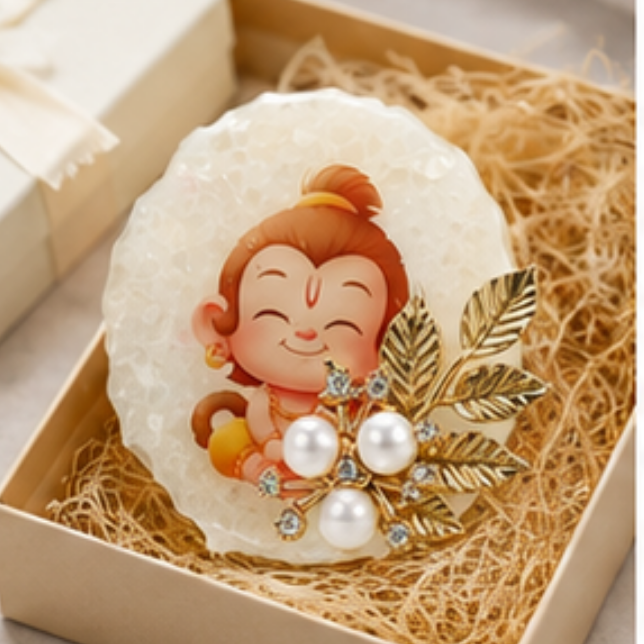 Handmade Resin Baby Hanuman Decorative Idol | Premium Spiritual Desk & dashboard Décor  | Resin Art Showpiece with Pearl & Gold Leaf Embellishments
