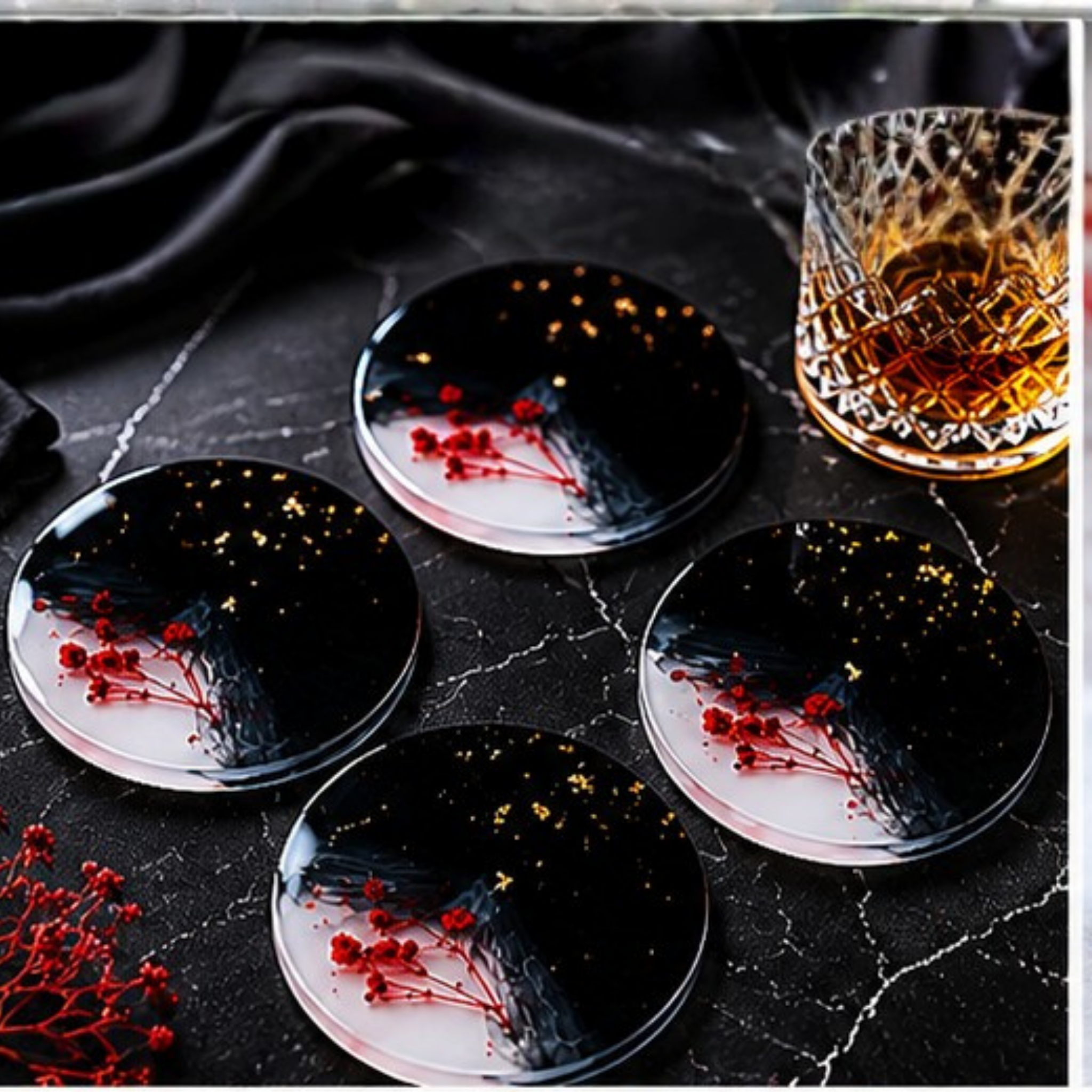 Handmade Resin Coaster Set of 4 | Black & White Abstract Coasters with Red Floral Design & Gold Foil Accents