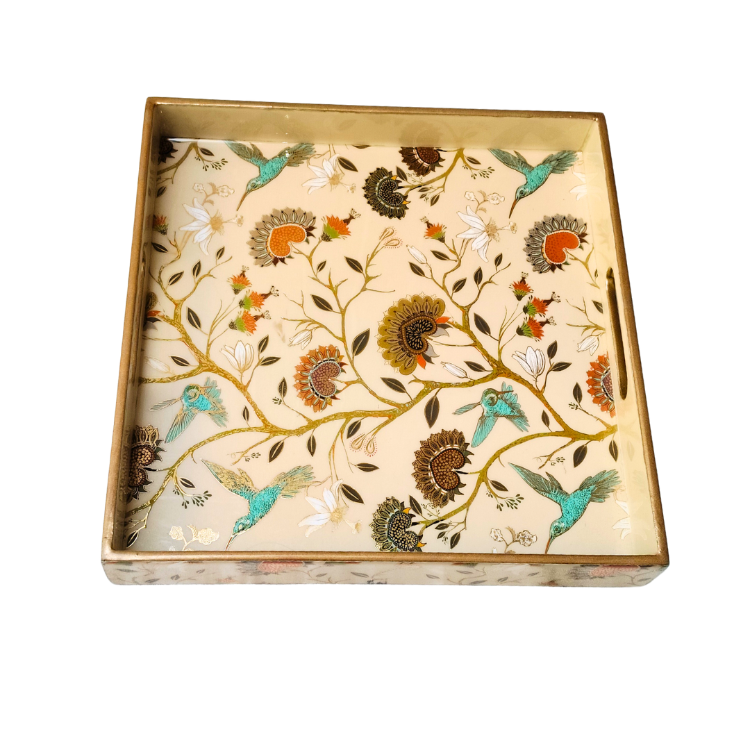 Set of 2 Decorative Wooden Serving Trays with Floral Bird Print | Square Multipurpose Trays