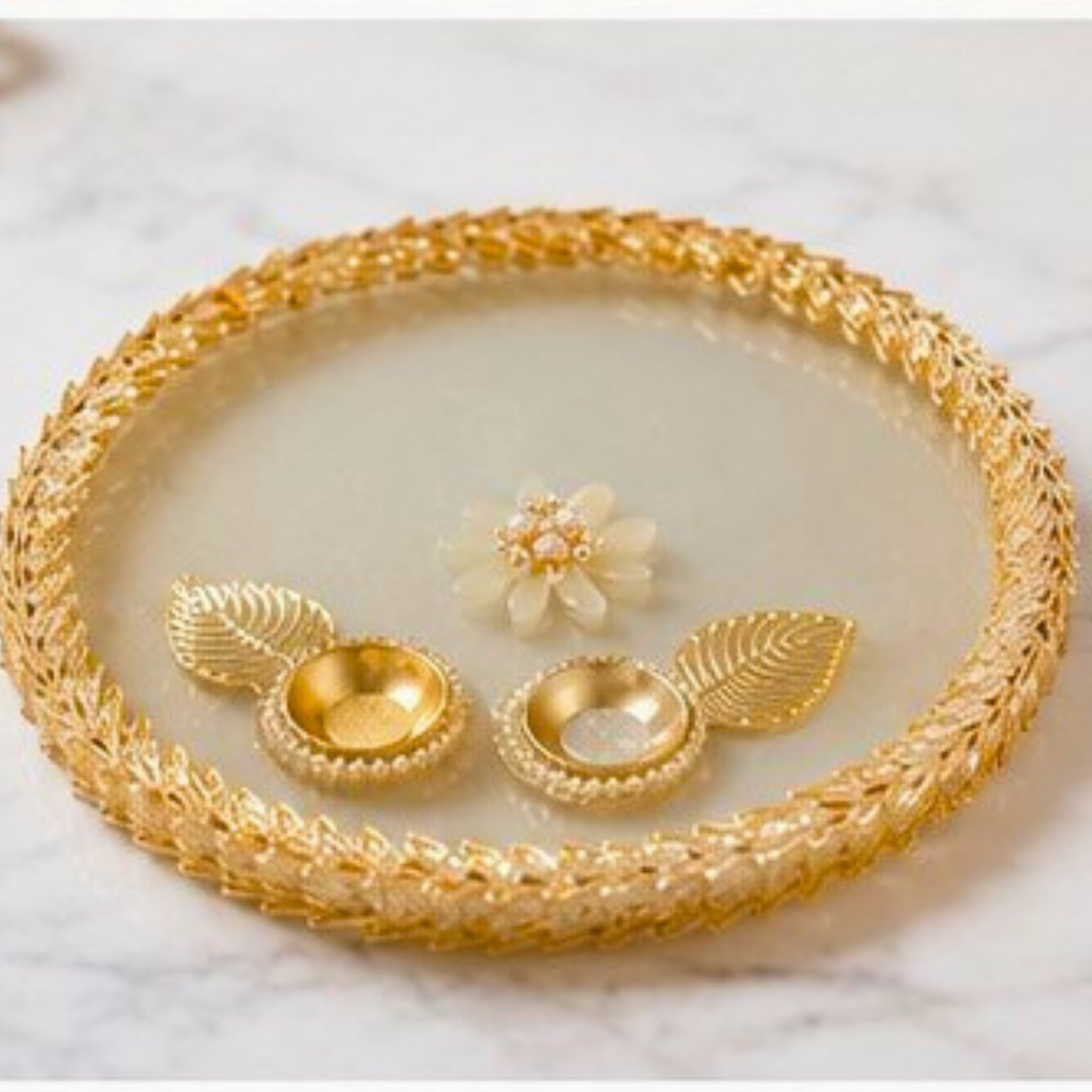 Luxury Handmade Decorative Pooja Thali with Dual Diya Holders – Elegant Gold & Pearl Finish