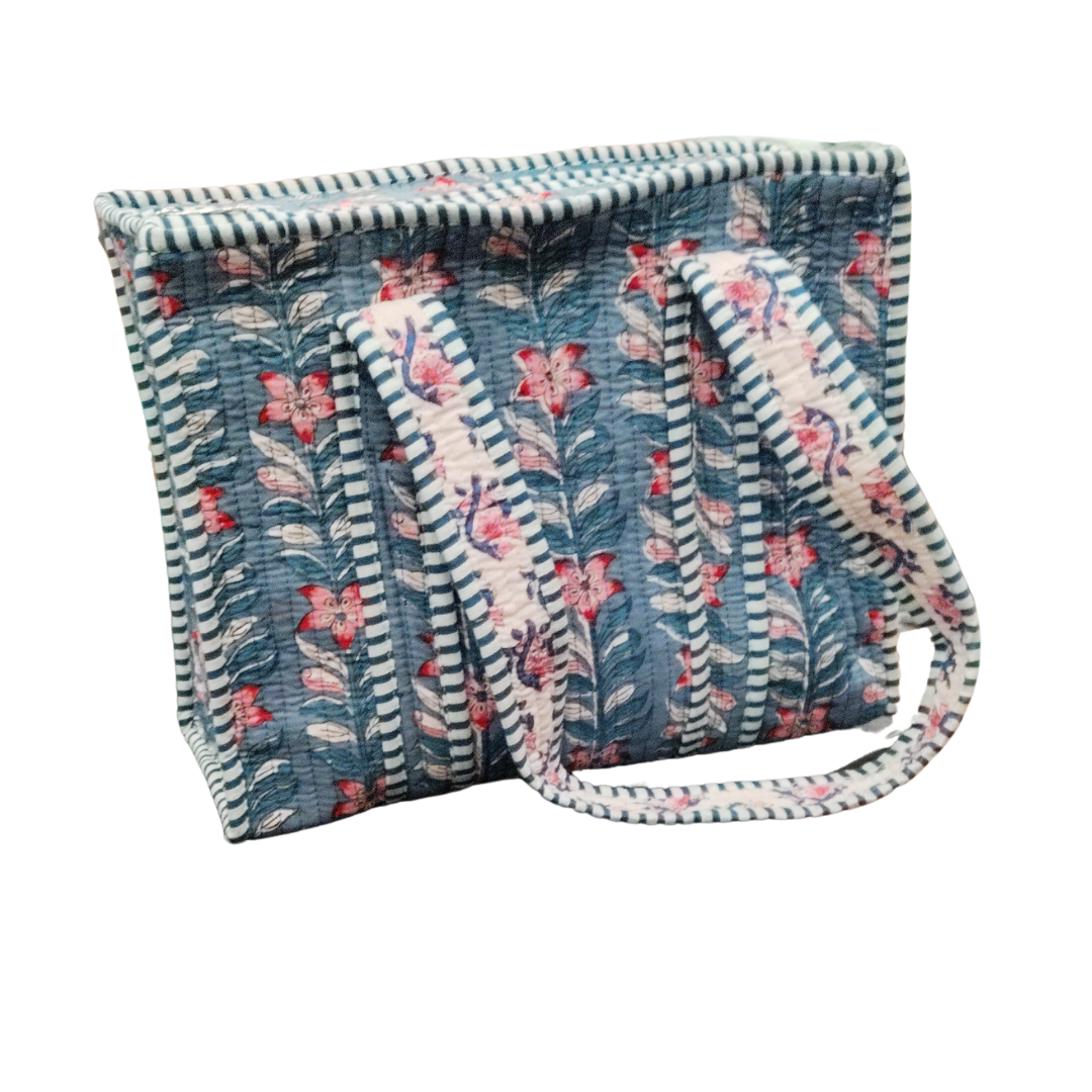 Quilted Floral Cotton Tote Bag – Blue Botanical Print