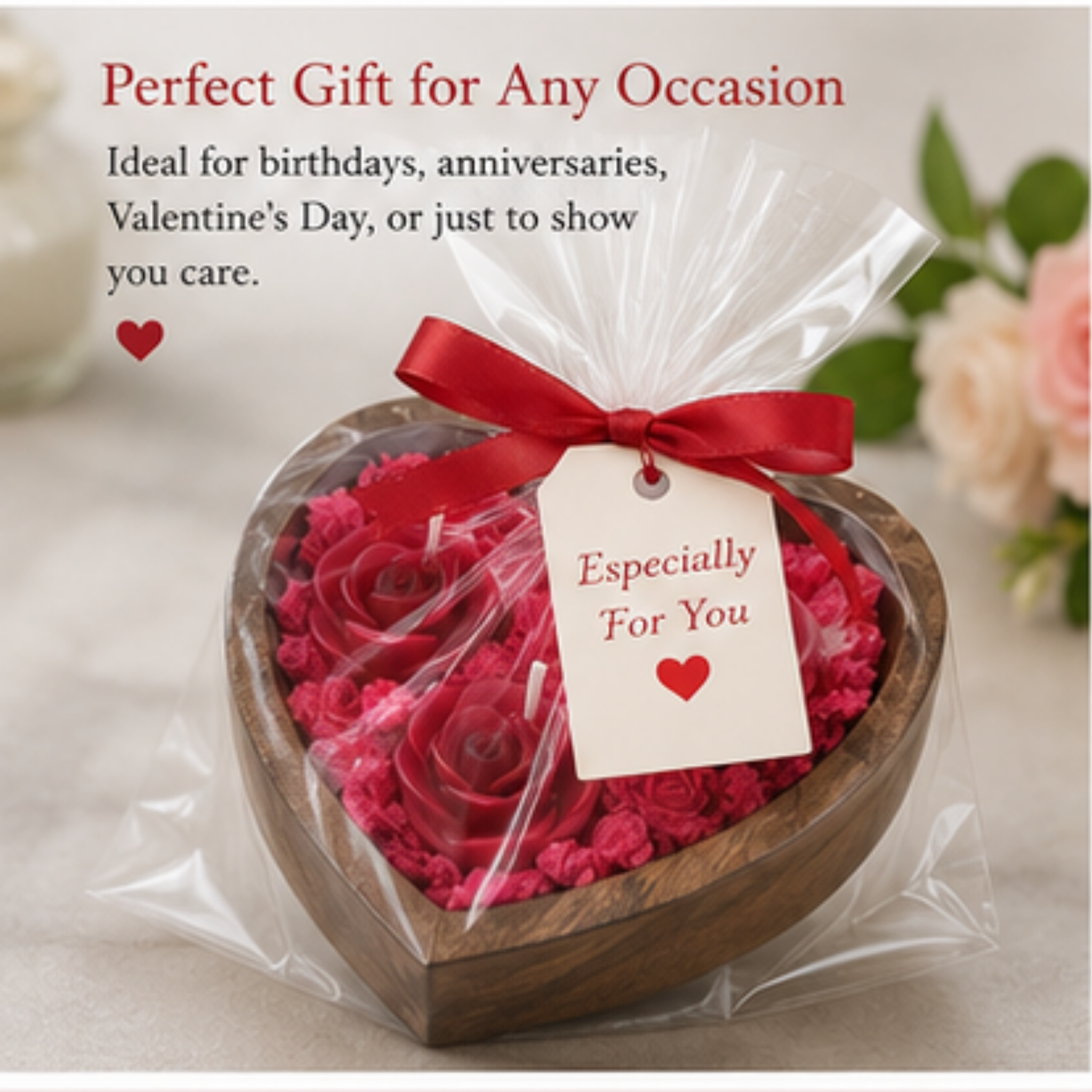 Handcrafted Heart-Shaped Rose Candle Arrangement in Wooden Bowl | Romantic Decorative Candle Set | Valentine's Day Gift
