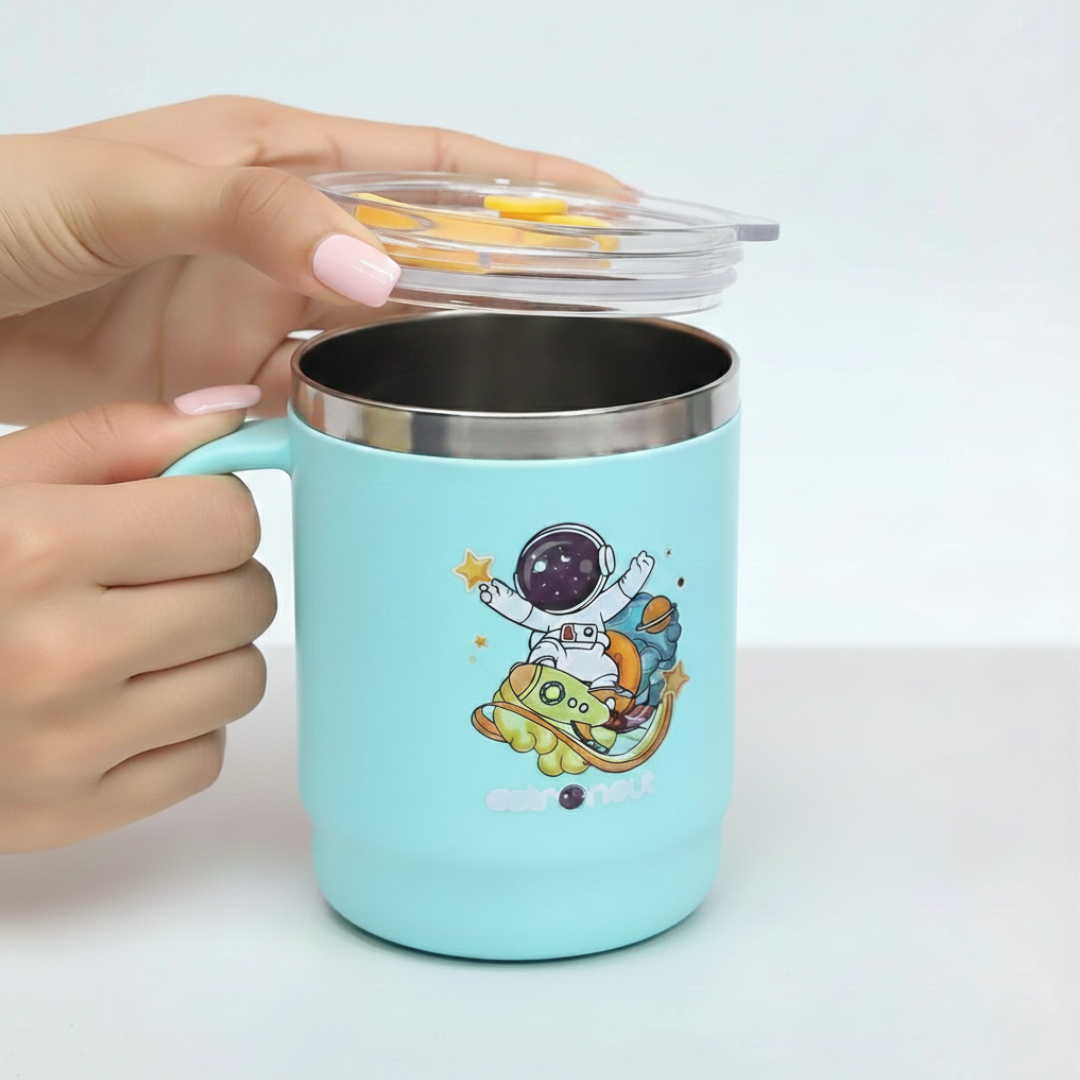 Kids Stainless Steel Insulated Mug with Straw Lid & Handle | Cute Astronaut Design | Spill-Resistant Travel Cup