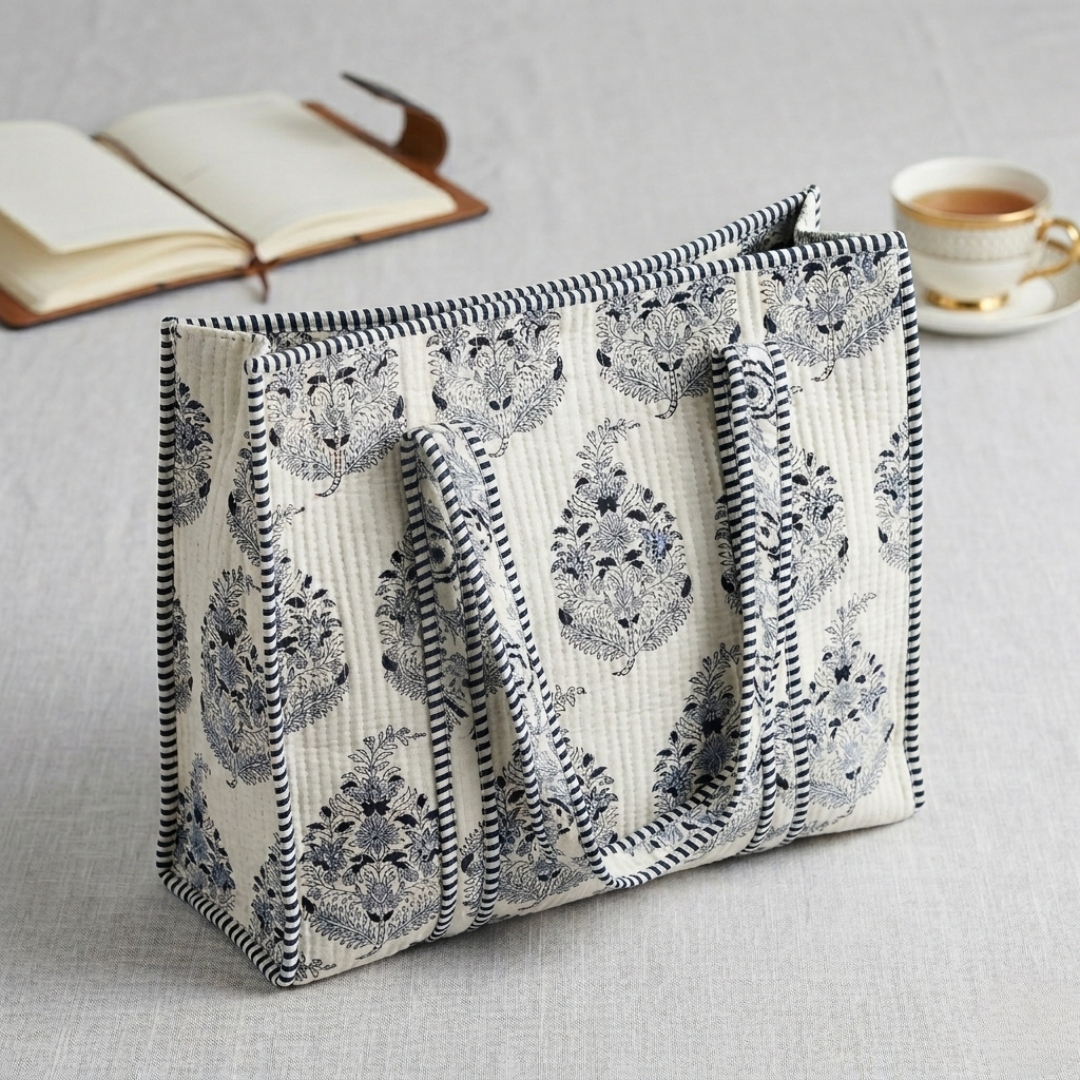 BB Classic Quilted Tote Bag (Indigo Block Print)