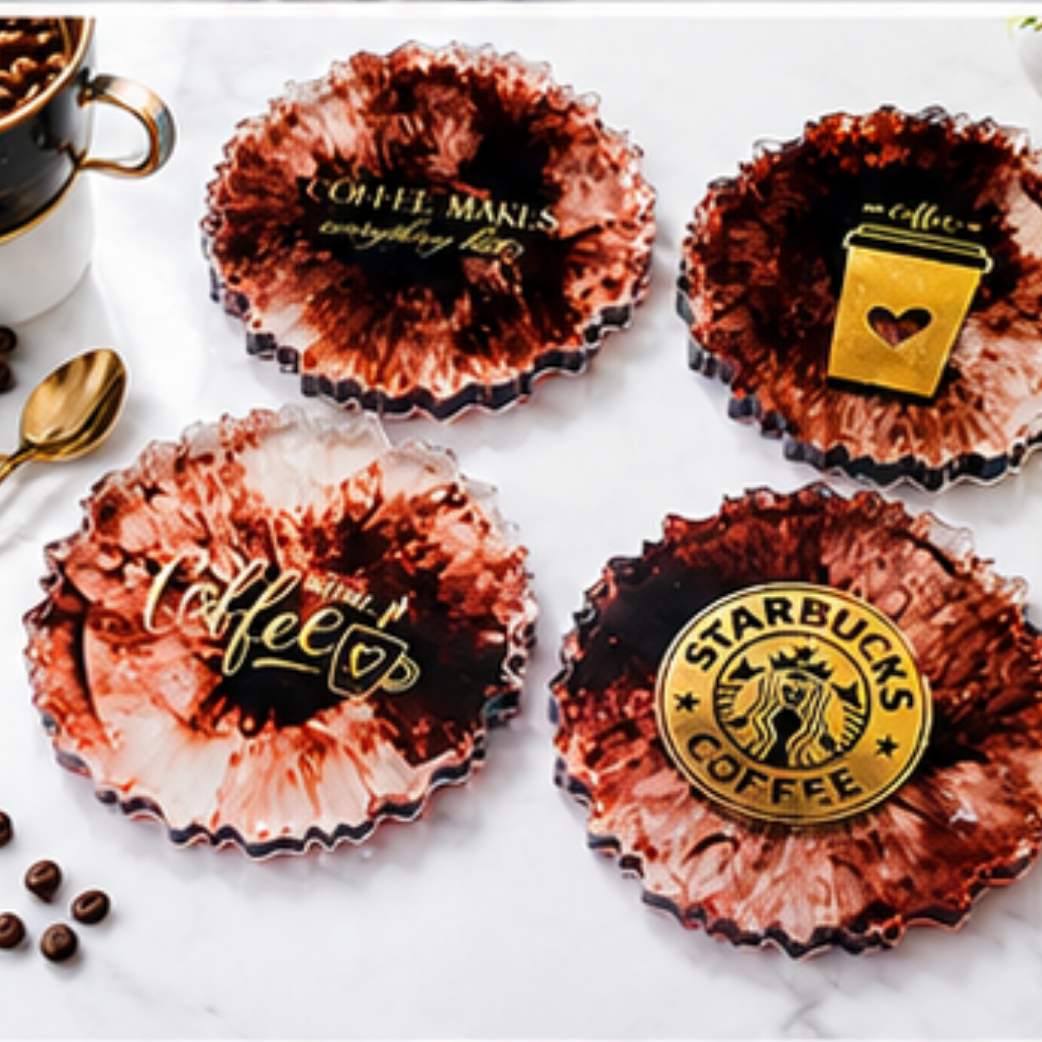 Handmade Resin Coffee-Themed Coaster Set of 4 | Coffee Lover Gift | Table Protection Coasters for Home, Office & Café