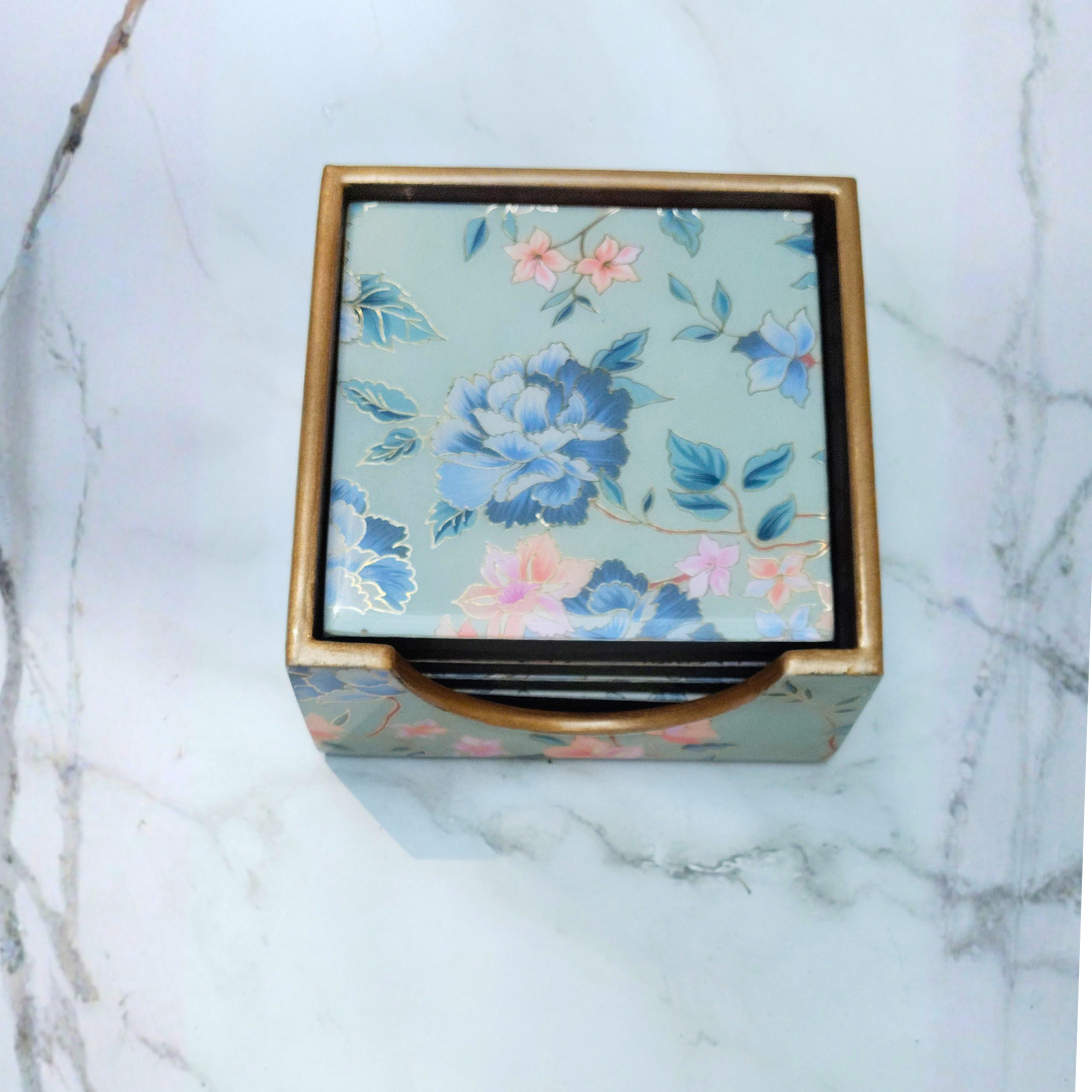 Sage Floral & Gold-Trimmed Coaster Set