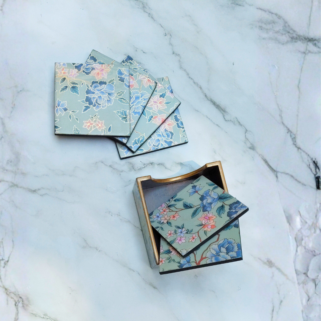 Sage Floral & Gold-Trimmed Coaster Set