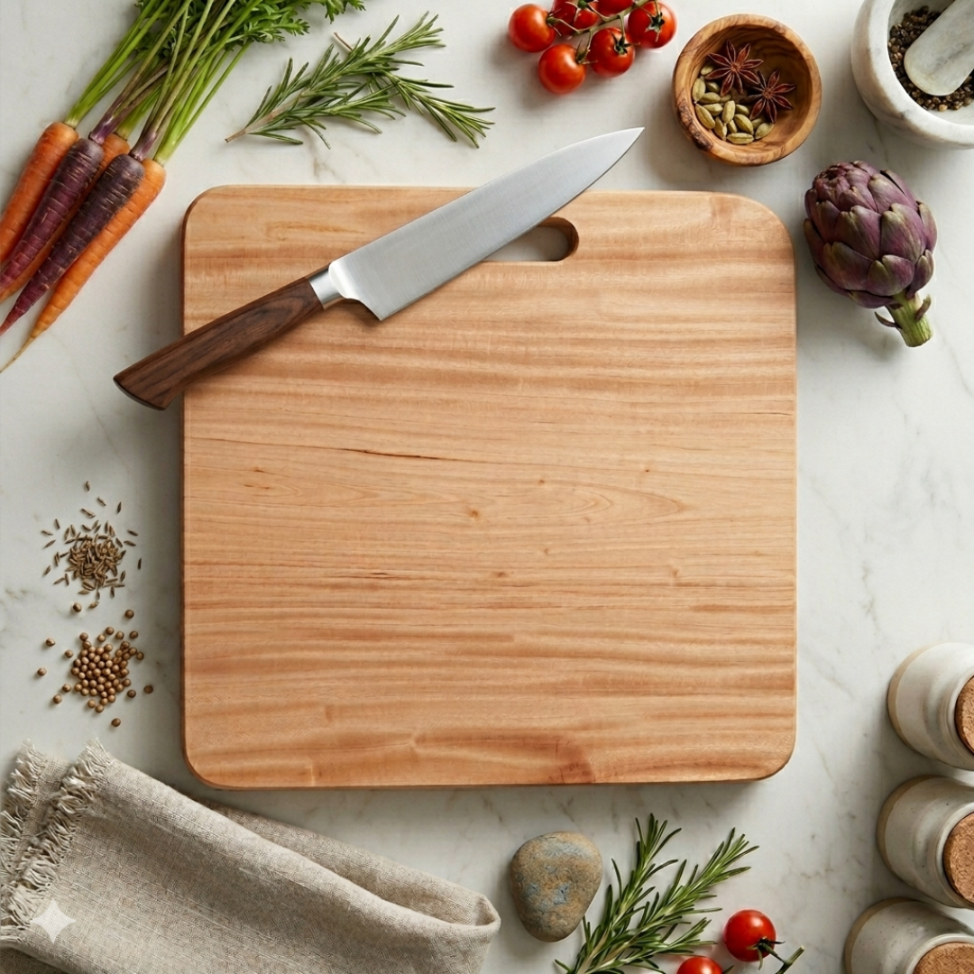 Handcrafted Premium Wooden Chopping Board – Elegant Square Serving Platter & Charcuterie Board with Built-in Handle | Durable Natural Wood Grain Cutting Board for Kitchen, Meal Prep, & Home Décor Gift