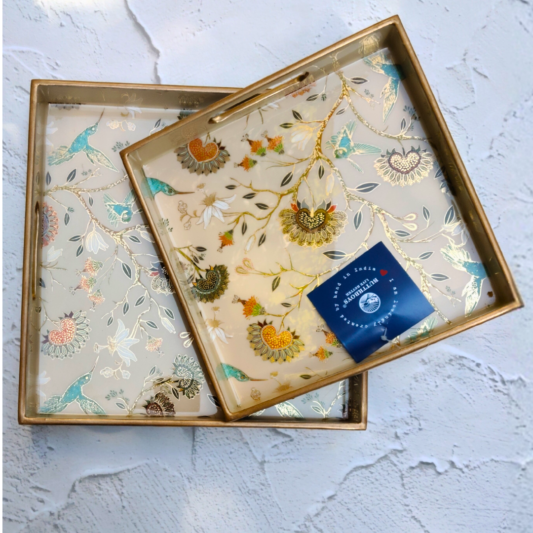 Set of 2 Decorative Wooden Serving Trays with Floral Bird Print | Square Multipurpose Trays