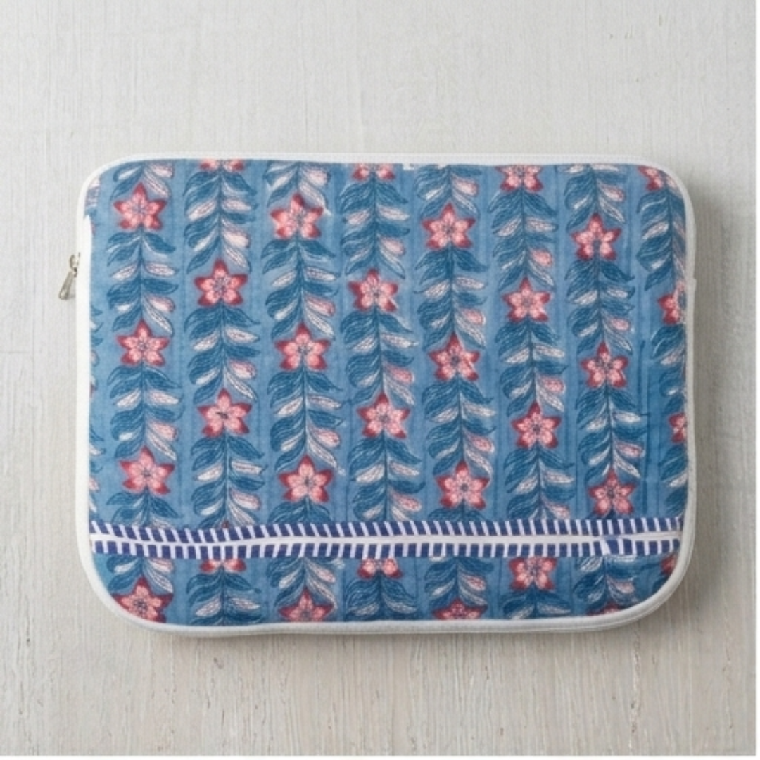 Indigo Floral Block-Print Quilted Laptop & Tablet Sleeve