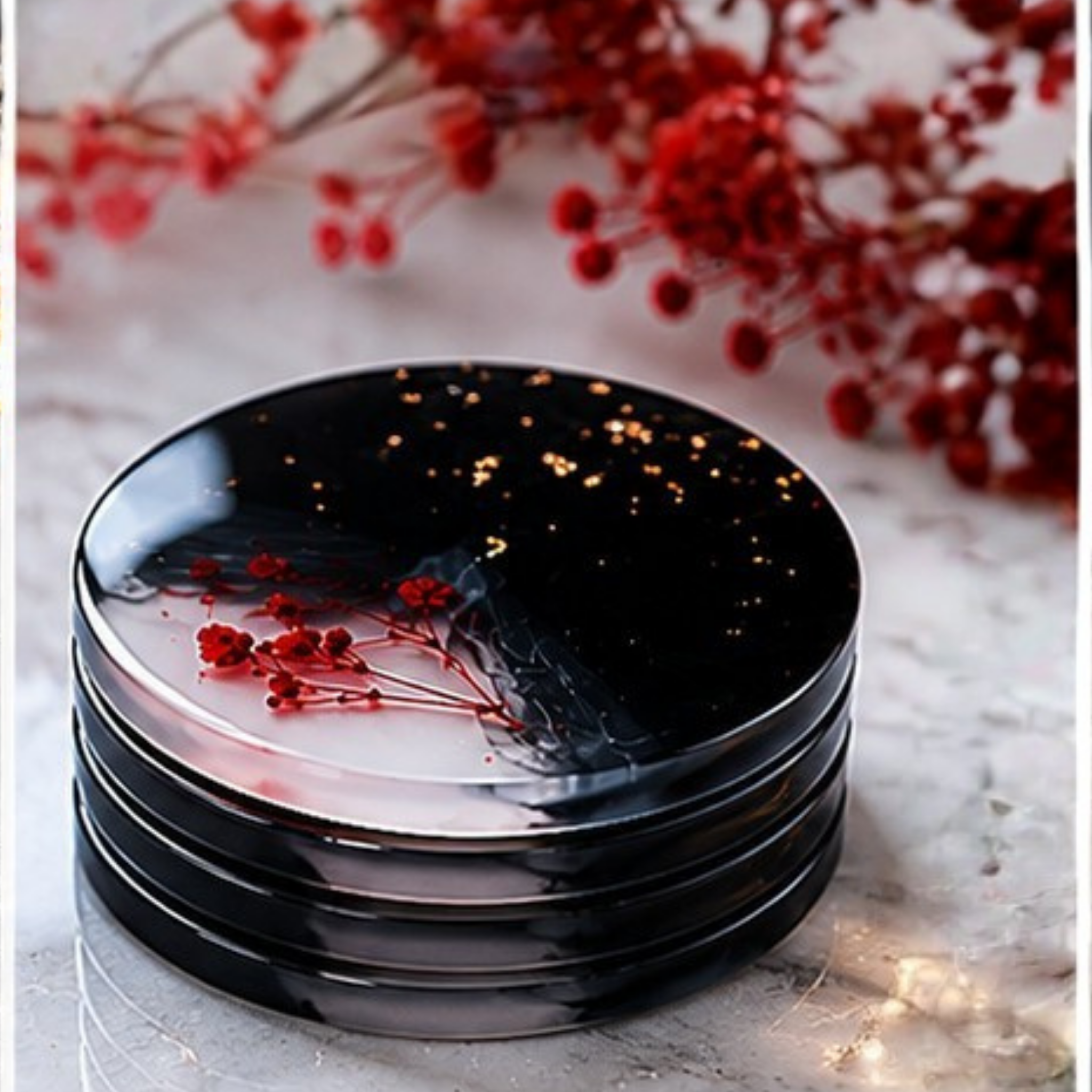 Handmade Resin Coaster Set of 4 | Black & White Abstract Coasters with Red Floral Design & Gold Foil Accents