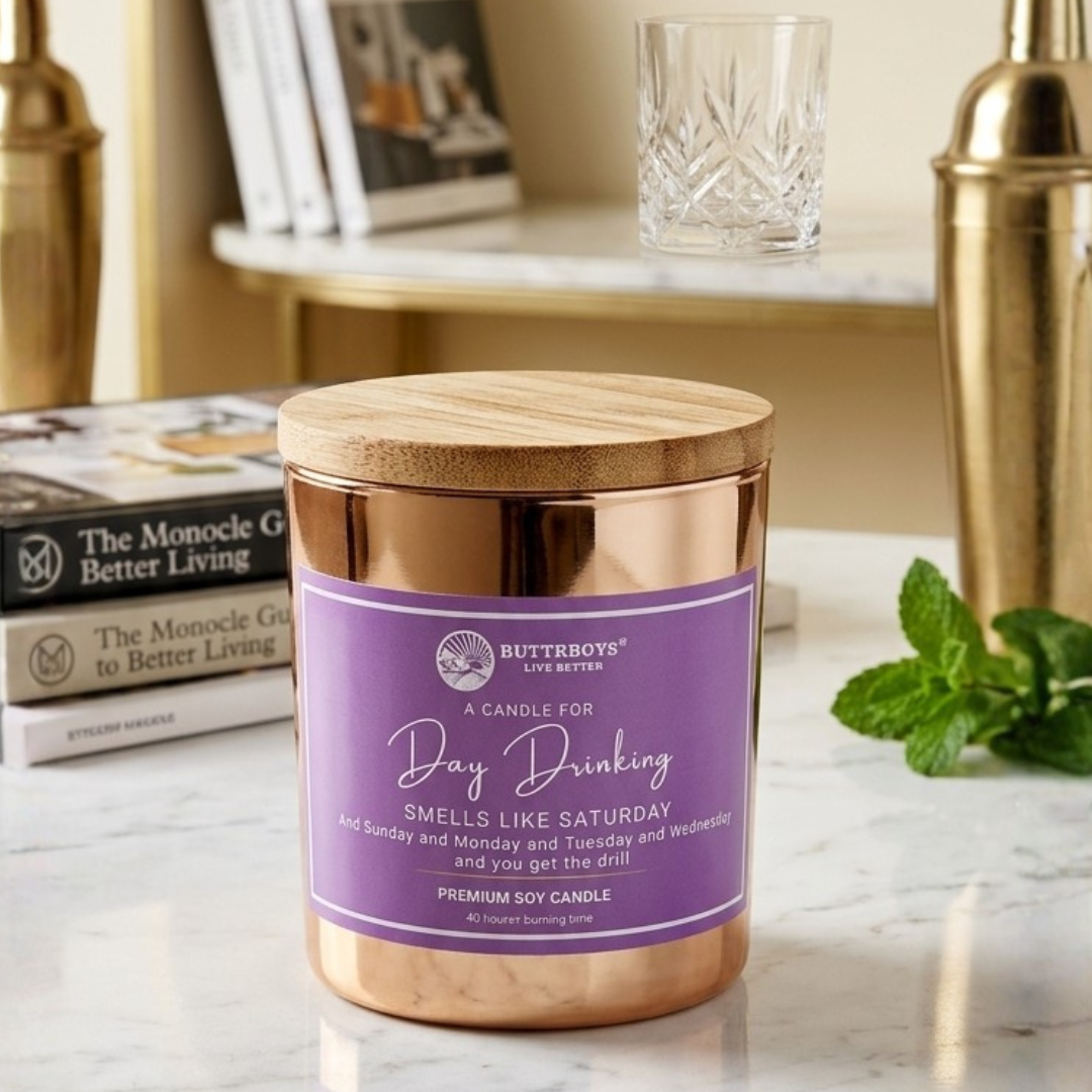 Luxury Soy Candle – Day Drinking | 40 Hour Burn | Premium Rose Gold Jar with Wooden Lid | Fun Scented Candle for Gifting