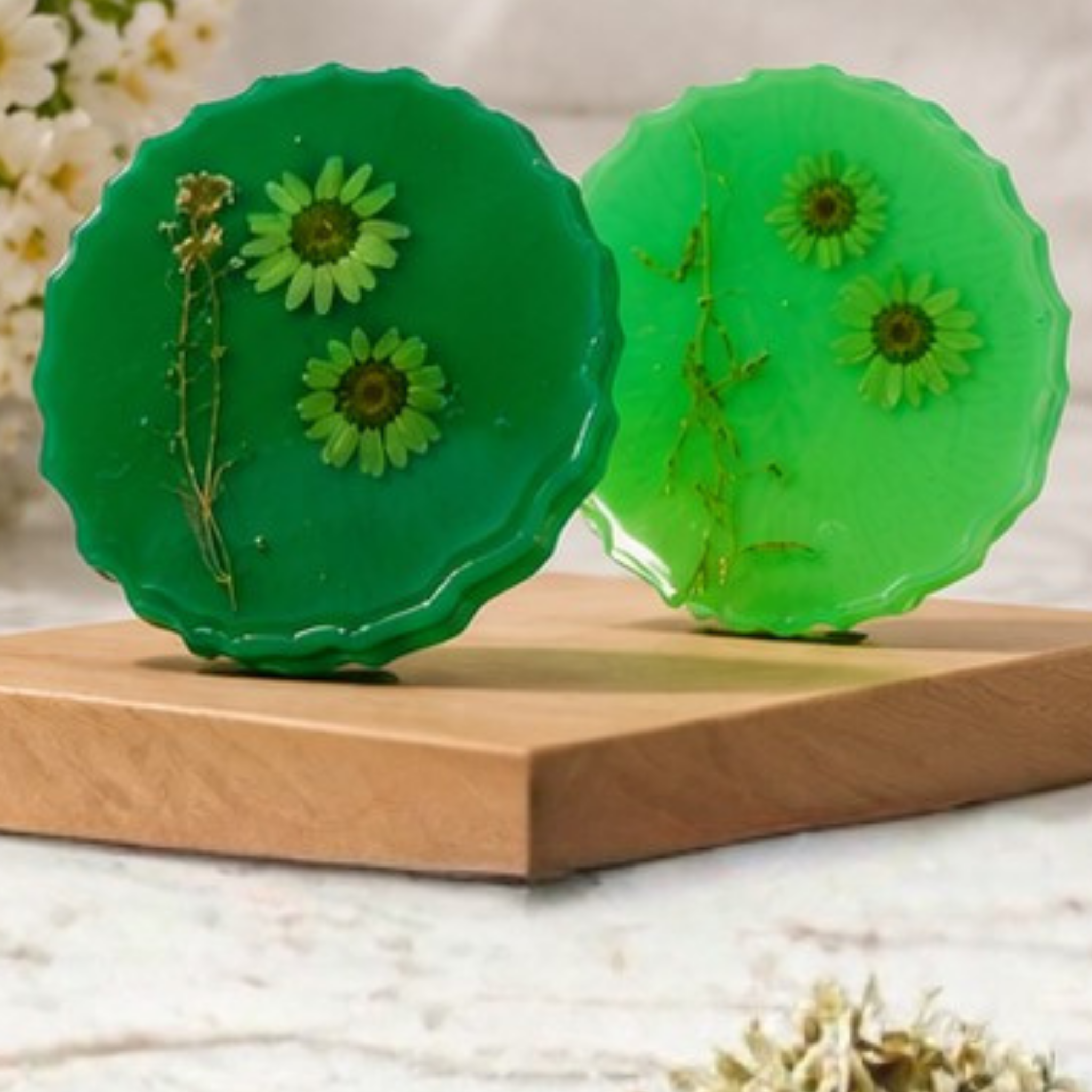 Handmade Pressed Flower Resin Coaster Set of 4 | Green Botanical Coasters | Floral Drink Coasters | Nature-Inspired Home Décor Gift