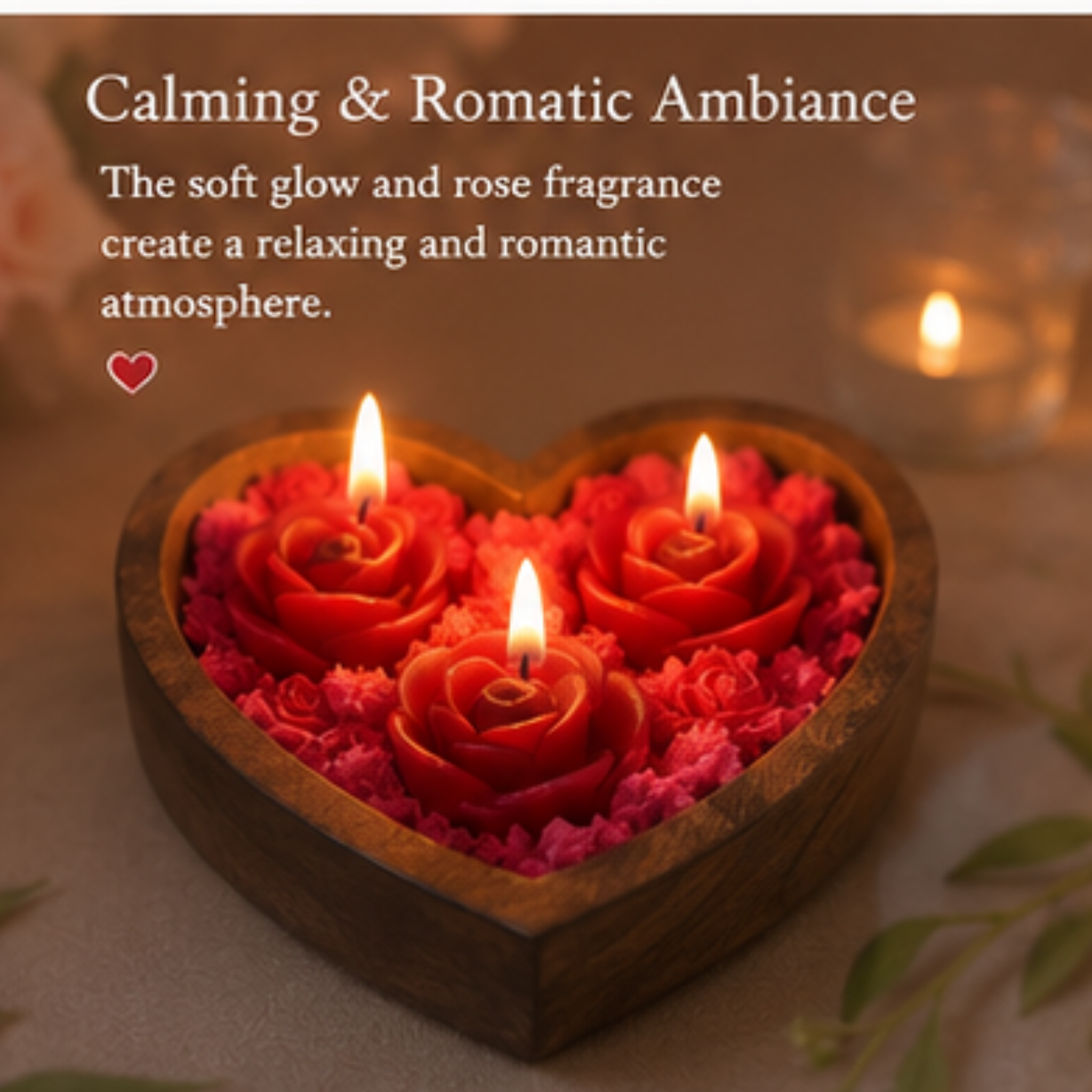 Handcrafted Heart-Shaped Rose Candle Arrangement in Wooden Bowl | Romantic Decorative Candle Set | Valentine's Day Gift