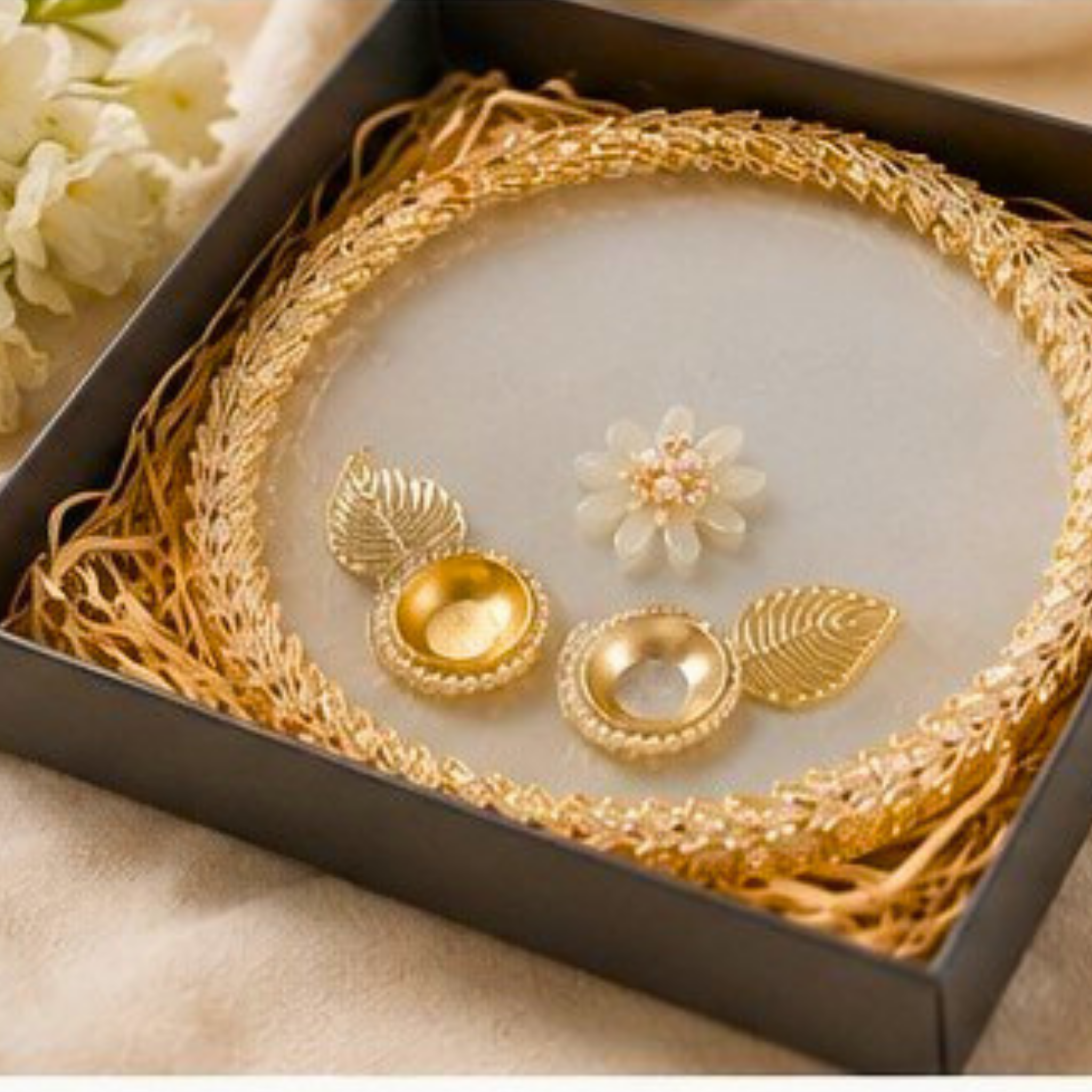 Luxury Handmade Decorative Pooja Thali with Dual Diya Holders – Elegant Gold & Pearl Finish