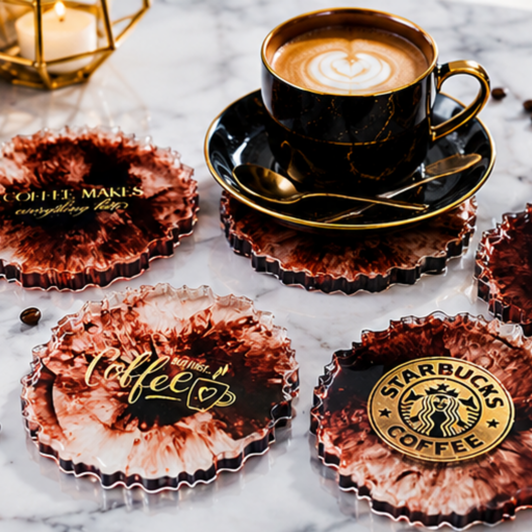 Handmade Resin Coffee-Themed Coaster Set of 4 | Coffee Lover Gift | Table Protection Coasters for Home, Office & Café