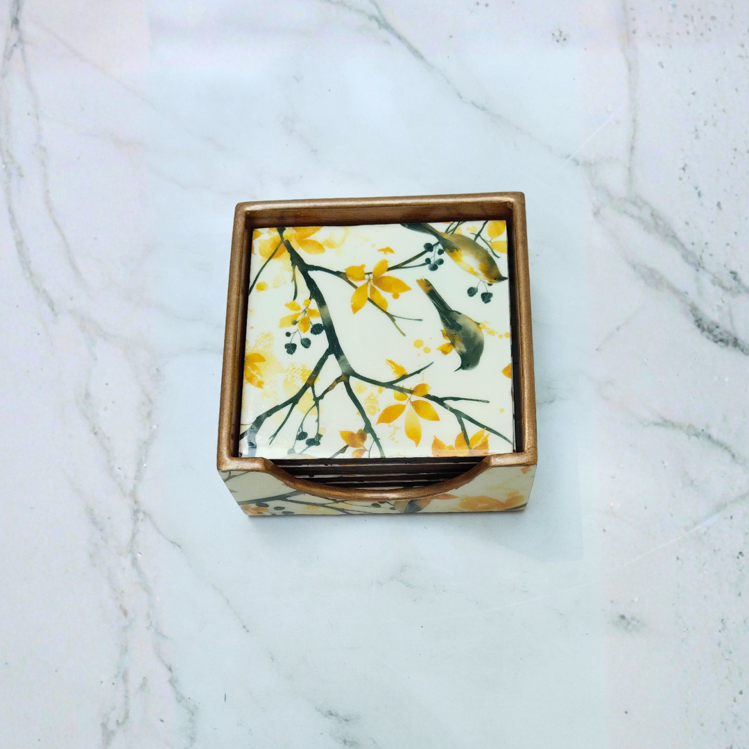 Golden Bird & Autumn Branch Coaster Set