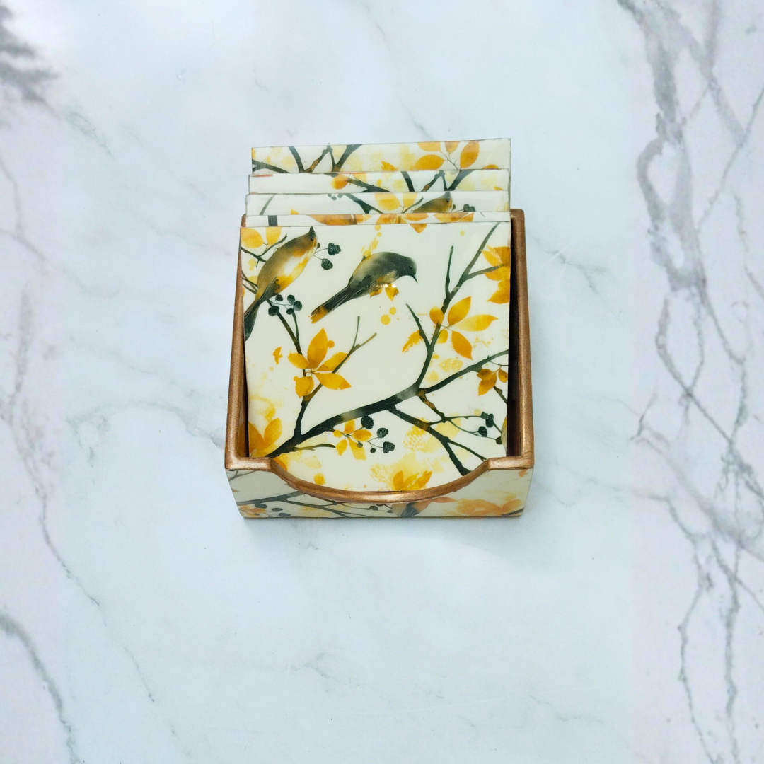 Golden Bird & Autumn Branch Coaster Set