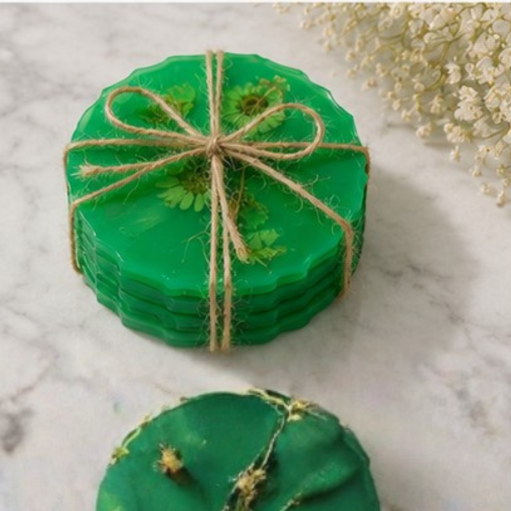 Handmade Pressed Flower Resin Coaster Set of 4 | Green Botanical Coasters | Floral Drink Coasters | Nature-Inspired Home Décor Gift