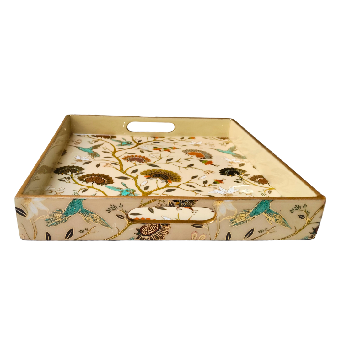 Set of 2 Decorative Wooden Serving Trays with Floral Bird Print | Square Multipurpose Trays