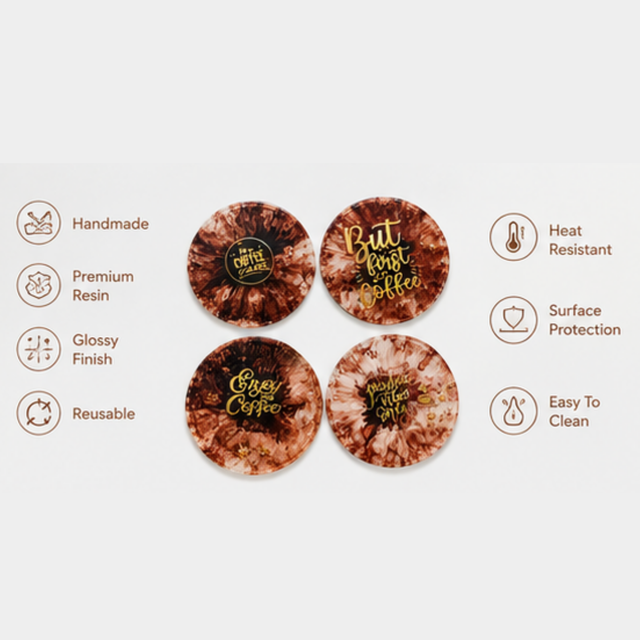 Coffee-Themed Handmade Resin Coaster Set of 4 | Coffee Lover Gift | Table Protection & Home Décor