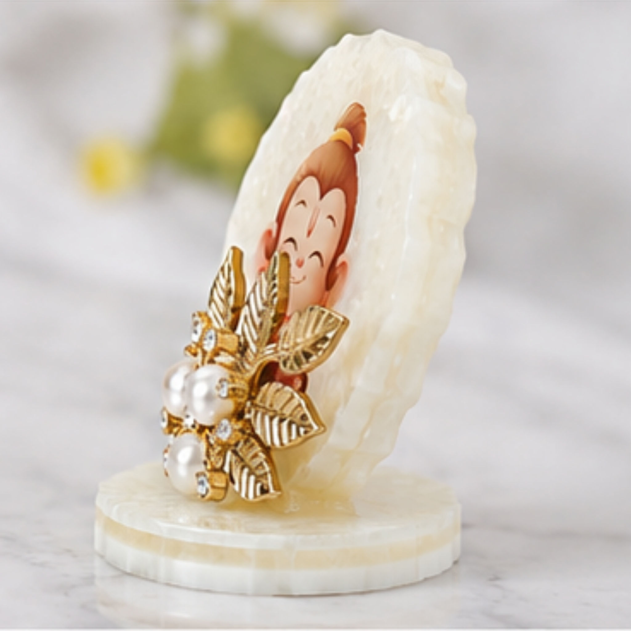 Handmade Resin Baby Hanuman Decorative Idol | Premium Spiritual Desk & dashboard Décor  | Resin Art Showpiece with Pearl & Gold Leaf Embellishments
