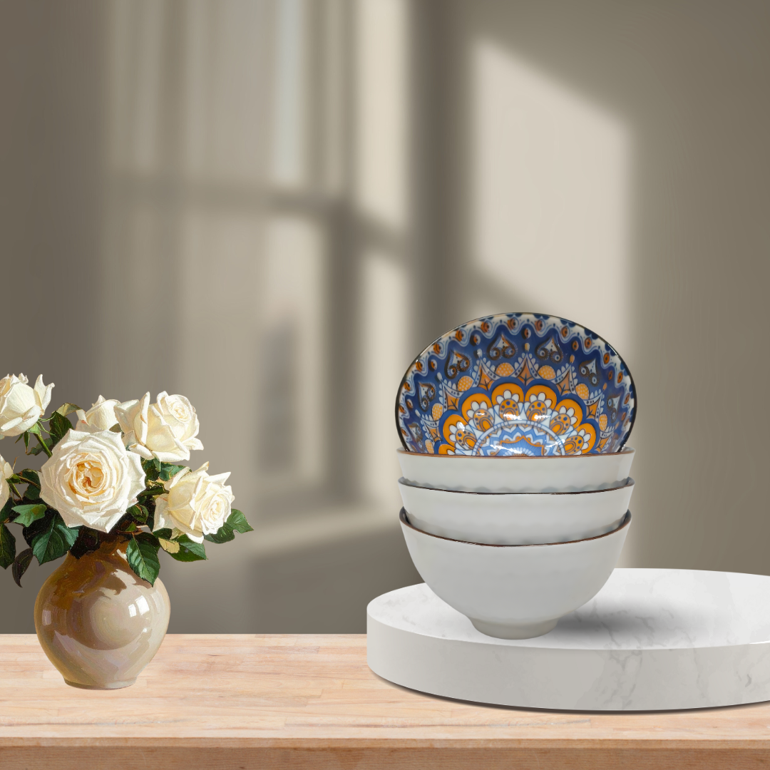 Handcrafted Ceramic Serving Bowls Set of 4 | Blue & Orange Mandala Design | Microwave & Dishwasher Safe
