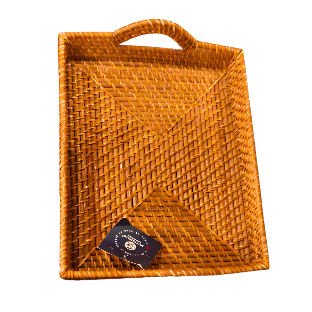 Handwoven Natural Rattan Rectangular Serving Tray with Handles