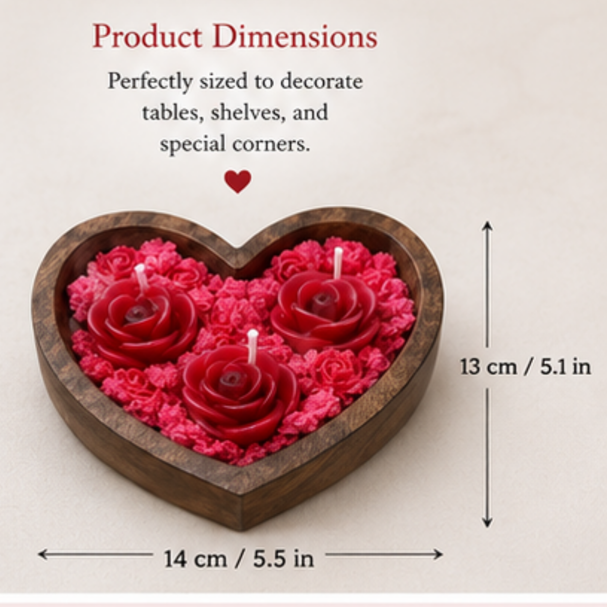 Handcrafted Heart-Shaped Rose Candle Arrangement in Wooden Bowl | Romantic Decorative Candle Set | Valentine's Day Gift