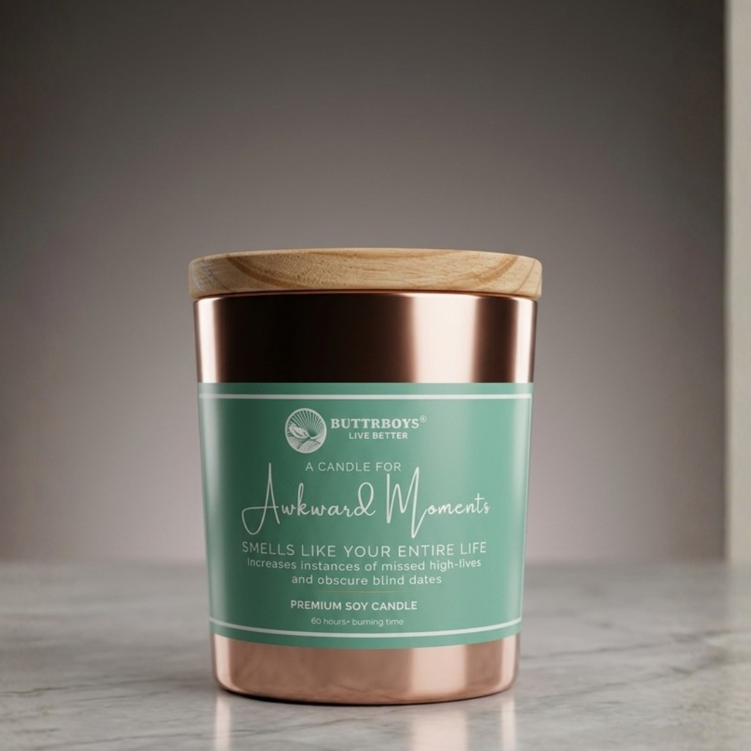 Luxury Soy Candle – Awkward Moments | 40 Hour Burn | Premium Rose Gold Jar with Wooden Lid | Funny Scented Candle