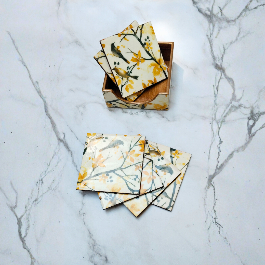 Golden Bird & Autumn Branch Coaster Set