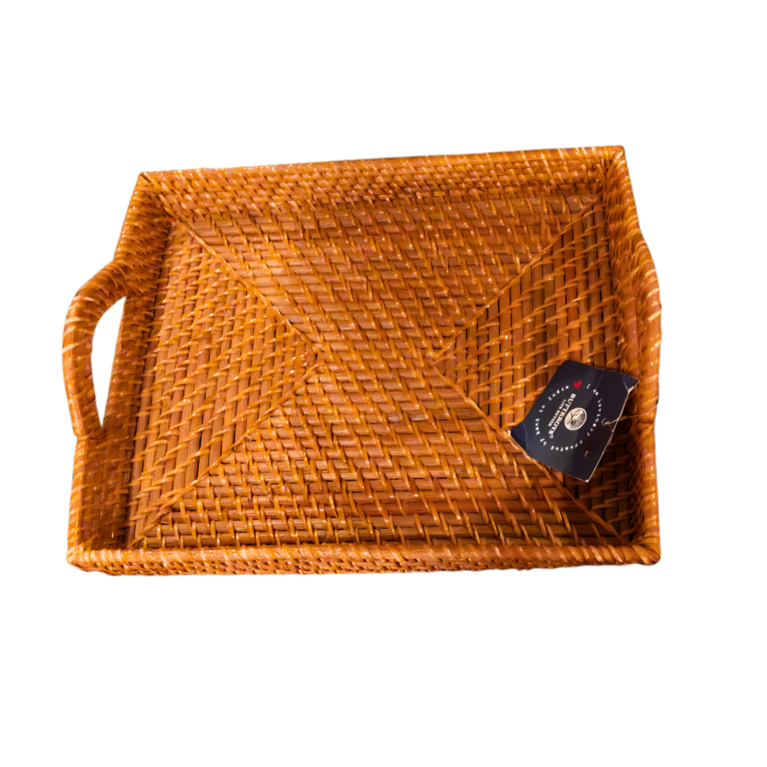 Handwoven Natural Rattan Rectangular Serving Tray with Handles