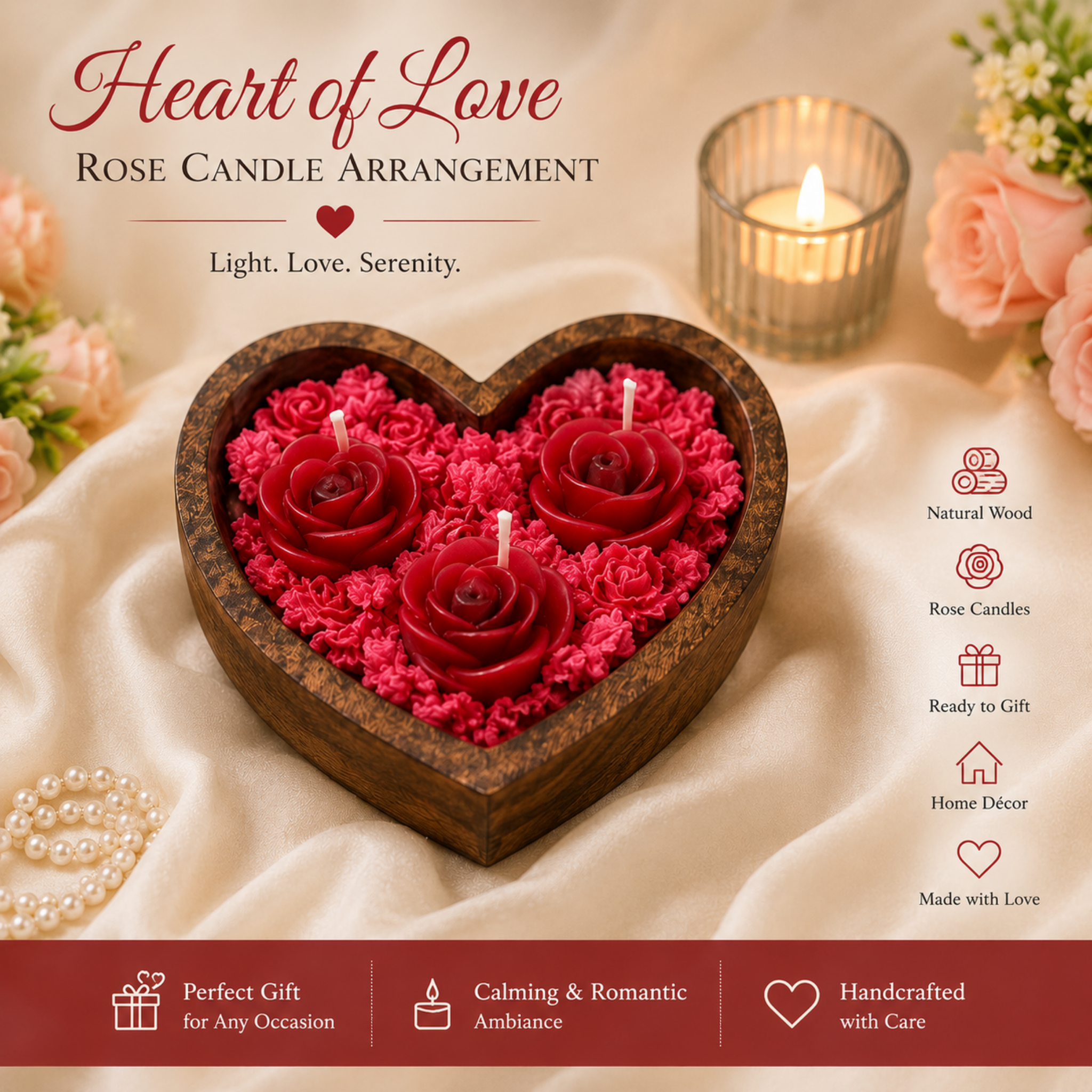 Handcrafted Heart-Shaped Rose Candle Arrangement in Wooden Bowl | Romantic Decorative Candle Set | Valentine's Day Gift