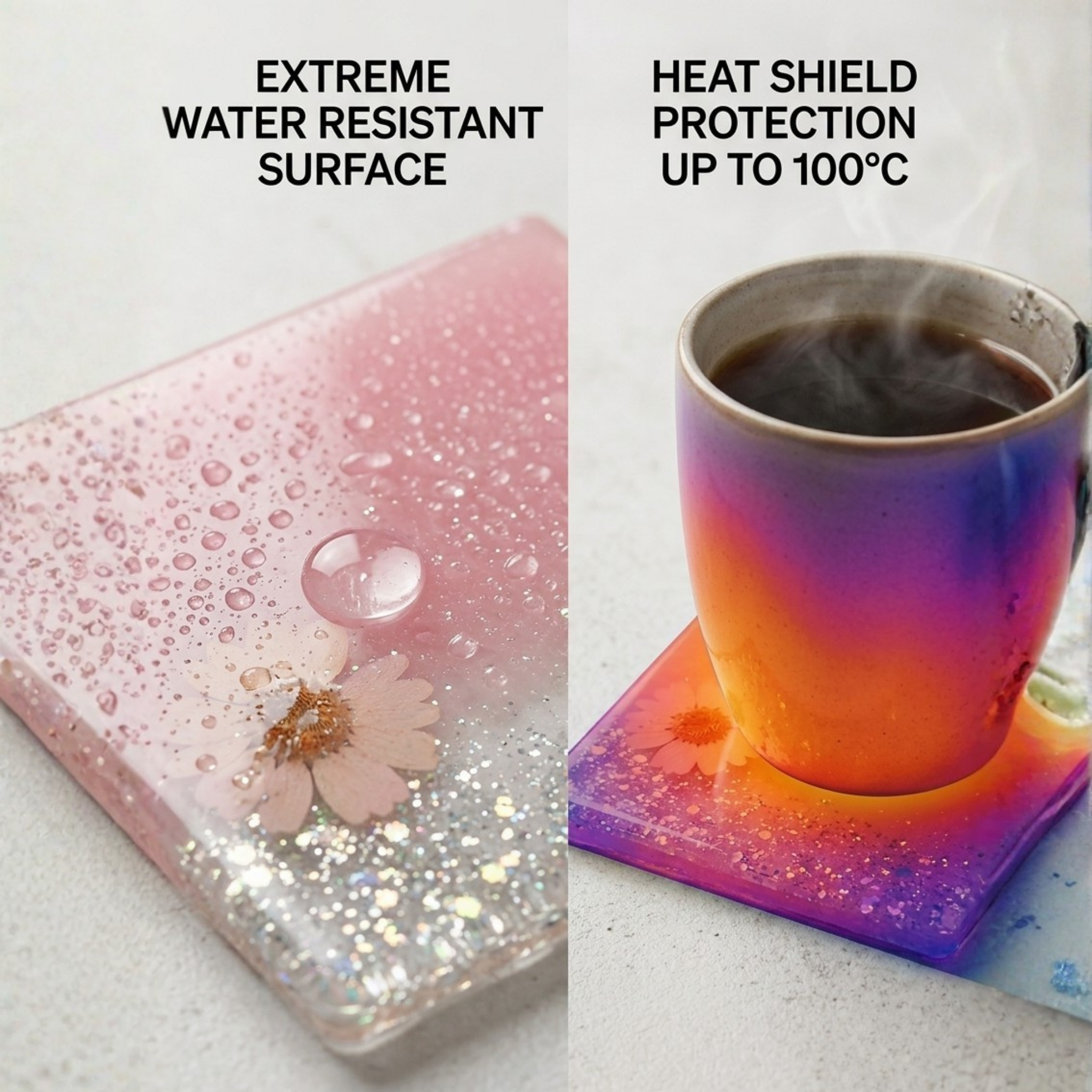 Handmade Pink Resin Botanical Coasters with Iridescent Glitter Gradient & Preserved Daisy Flowers – Set of 4 Luxury Drink Coasters